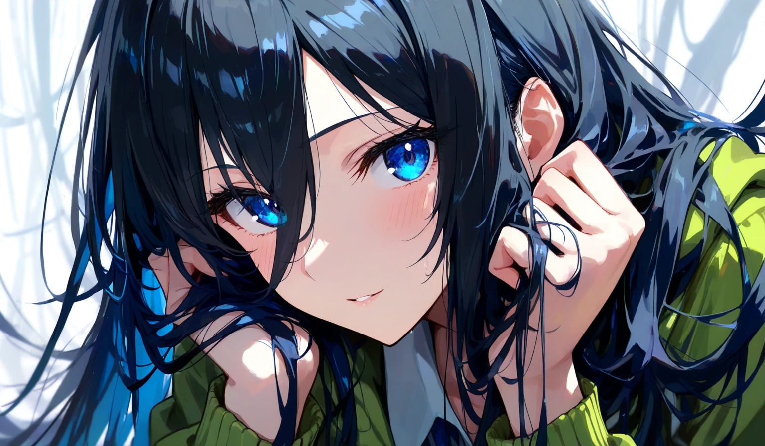 Close-up of a cartoon girl with blue hair and a yellow shirt, 2D Animation, 2D Animation style, 2D Art, 2D Art, 2D from Gorillaz, 2D from Gorillaz, 2D Gorillaz, Screaming Cerket, 2D Sprites, Jinx Face, short hair, Small breasts, hot pants, ((Black Hair, Bright blue fur inside:1.4))