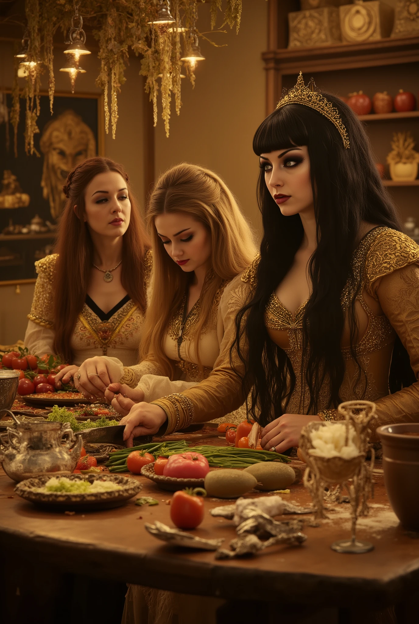 Masterpiece, best quality, hugebig bosoms, black smoky eyeshadow, heavy eyelashes, extremely long hair with bangs, A Norse goddess and a Roman goddess collaborate in a warm, golden kitchen, amidst traditional cooking utensils and ingredients, Frigg the All-Mother expertly chops vegetables amidst the savory aroma of sizzling onions, as Venus the goddess of love and beauty sprinkles a pinch of mystical essence into the dish, Odin the All-Father sits at a nearby wooden table, his piercing eyes shining with anticipation as the heavenly aroma wafts towards him, the trio's culinary masterpiece taking shape amidst the warmth and camaraderie of their ancient, mythological kitchen, as the soft glow of candles and the gentle hum of a wood-fired oven set the scene for a magical culinary collaboration.
