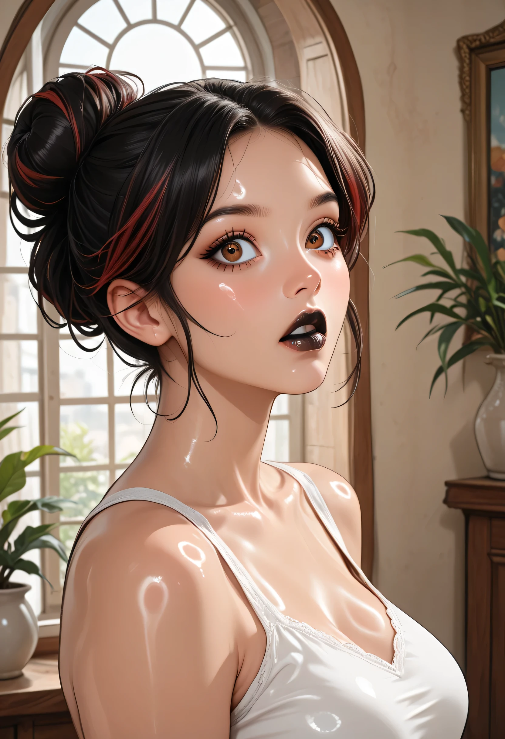 ((Perfect Face, Red Hair Bun, Big Eyes, Brown Eyes, Black Thick Lips, Female Beautiful)), (Anime Girl, Illustration, Drawn, Portrait, Solo), (Female African, Brown Skin), (Surprised), (Shiny Skin)