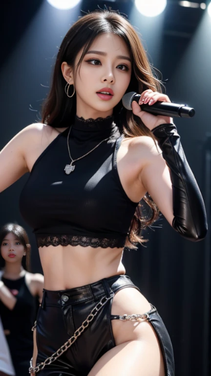 The Korean girl has smooth, dark brown hair, which she mostly wears in a modern style, matching her energetic and charismatic appearance. Her eyes are big and lively, and her face has distinctive Korean features, that reflect their cultural identity. She has an average stature and exudes a strong stage presence. In terms of her style, she prefers trendy and eye-catching outfits, that underline their dynamic character and make them stand out on stage. She is 24 years old.