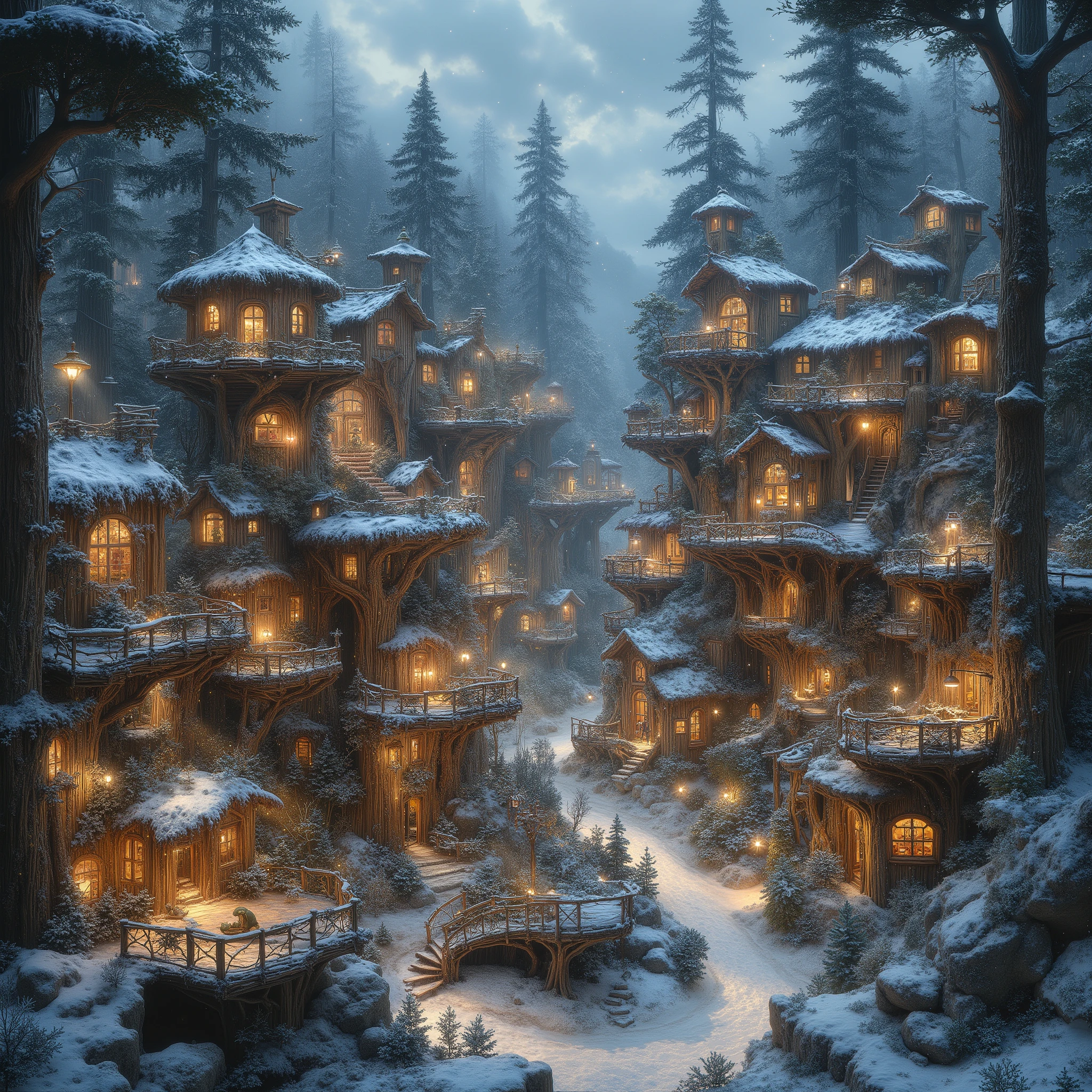 midjourney, fairy tales,A snowy forest at night, filled with Christmas treehouse–style wooden cabins forming a magical Christmas town. The hideaways blend seamlessly into giant trees, built from natural materials with organic, curved designs. Snow-covered walls merge into the landscape, and warm orange light glows from irregularly shaped windows. Small rooftop snow gardens. Wooden spiral staircases rise from the forest floor, and decks connect naturally with surrounding trees. Bird feeders that attract forest animals. A star-filled sky, thin mist, moonlight mixed with lantern light, creating a mystical nighttime atmosphere. Immersed in silence and the scent of the winter forest. Ultra-high resolution, cinematic composition, beautiful like a fantasy film.