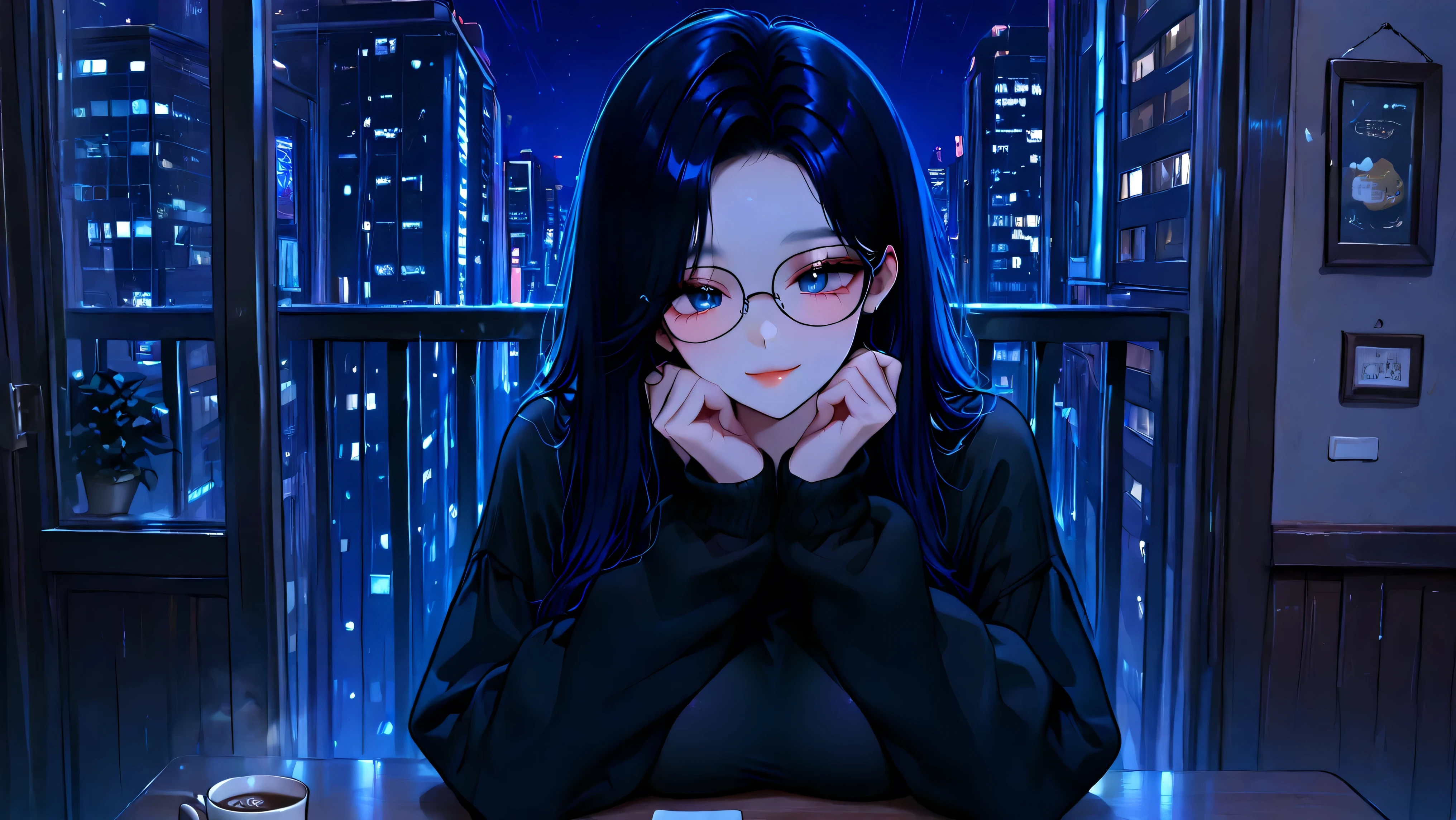 masterpiece, Webtoon art style, 1 woman, solo, anime, 21 years old, vibrant colors, Sapphire blue eyes, (((Korean hairstyle))), hair down, (black hair), glasses, big breasts, black sweater, curvy hourglass body, clean lineart, flat coloring, bold outlines, Korean manhwa aesthetics, light smile, city's outdoor cafe, sitting, elbow on table, having a date, feminine pose, POV, sweet, forehead, night, lampless, lightless
