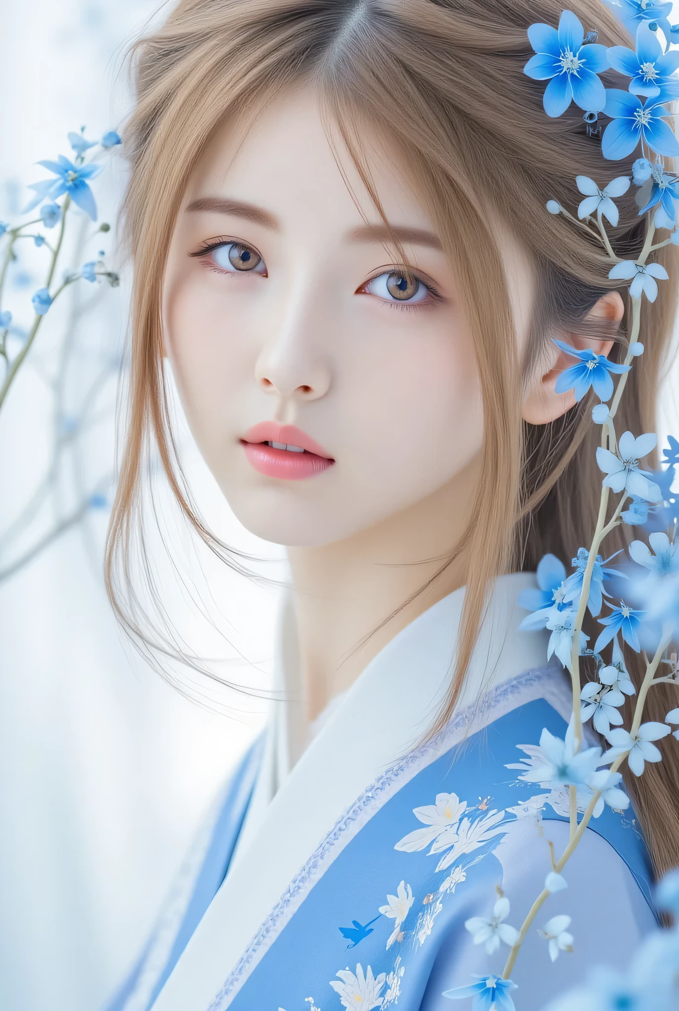 sasas211,realistic,traditonal attire,photorealism,re211,In a quiet and graceful scene、A blue-eyed woman with long blond hair, fluttering hair. Her hair is adorned with delicate blue flowers, blends softly and seamlessly in a quiet and graceful scene, watercolor style background . Women are thin, I'm wearing flowing clothing。. The background consists of softly blurred blue and white floral patterns, It creates a dreamy, serene atmosphere.