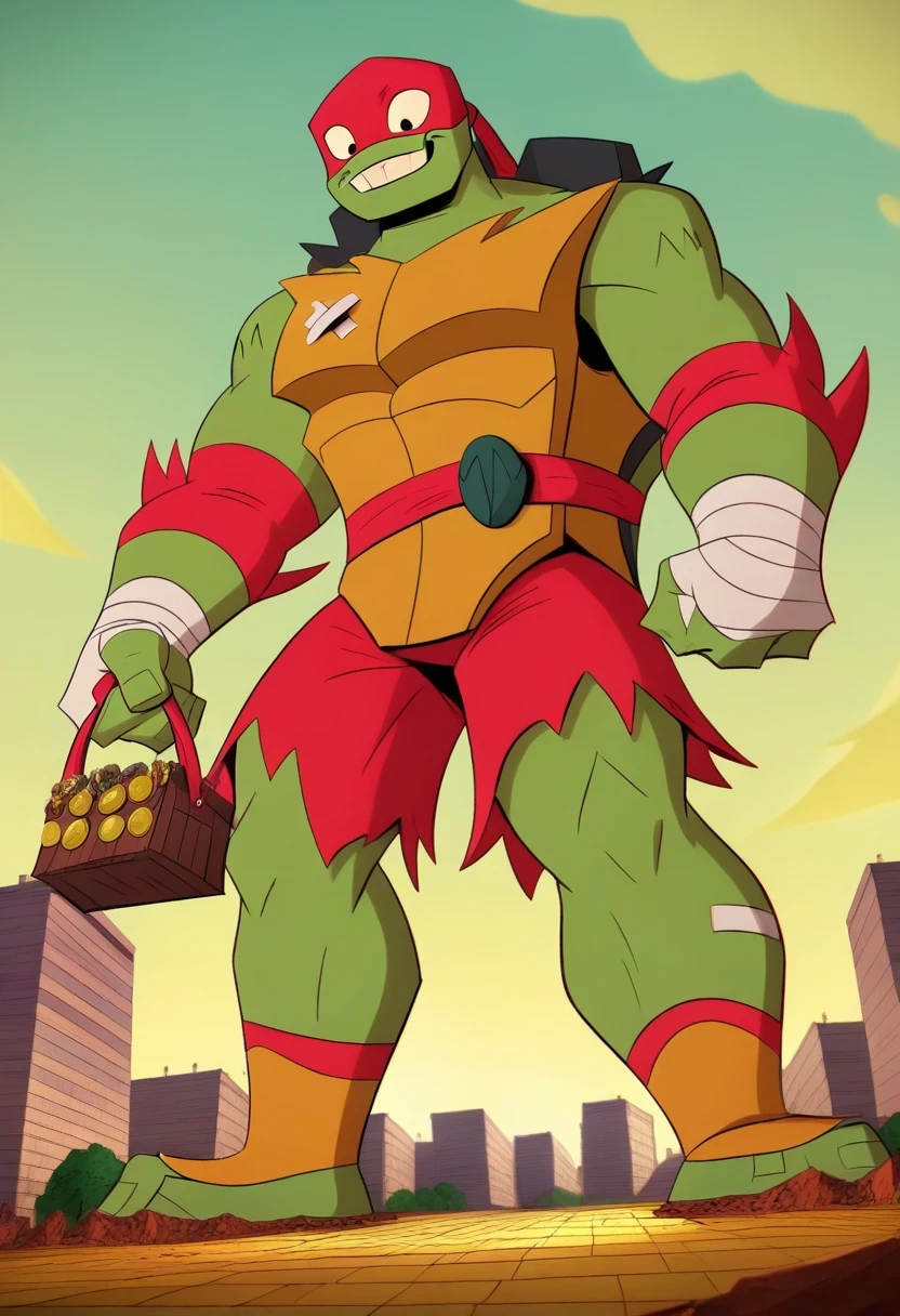 A giant muscular ninja turtle barbarian raphael, golden armor golden bracelets golden necklaces golden boots looking down, holding a bag of coins, ripped red shorts, profile angle, sky background, village background, green large beanstalk plant behind, fairytale scene, score_9, score_8_up, score_7_up, smooth lines, countershading, soft shading, 2d, extreme detail, 4K 8K 24K, high definition, high resolution, 1boy, solo, raph, muscular, green skin, turtle, mask, belt, bandages, sleeves, full body, happy, smile expression, macro size, teeths