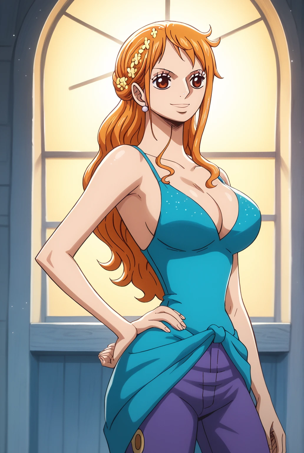 (masterpiece, best quality, very aesthetic, ultra detailed), intricate details, 4k, aanami, long hair, orange hair, hair ornament, earrings, brown eyes, breasts, collarbone, bare shoulders, jewelry, beads, cleavage, evening gown, blue dress, sleeveless, bracelet, side slit, <lora:nami_animagine_v1:0.9>, anime style, indoors, chandelier, standing, cowboy shot, smile, open mouth, waving