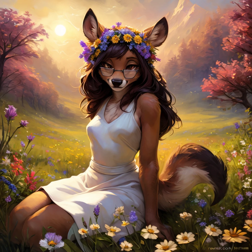 uploaded on e621, watercolor look, by Pixelsketcher, by Bayard Wu, by Thomas Benjamin Kennington , by Einshelm, by hioshiru and kenket, Chunie, portrait, solo anthro female deer doe, with small featureless breasts, clear dark blue, cinematic lighting, day, sunny day, lavender field, stays in a wildflowers field, wildflowers field background, mediterranean background, horizon background, shiny, short curly dark brown hair, wearing big black nerd glasses, very very beautiful furry art, furry art, smiling, joyful, shiny, happy, feminine, cute face, muzzle, fluffy chest, flawless face, Fallow deer, 1girl, Sakimichan is beautiful, Masterpiece, Wavethesallow Face, shiny, Detailed image, portrait, Detailed image, portrait, full body, wearing pure white short spaghetti straps dress, wearing a wildflowers wreath, shiny, realistic face, perfect , hourglass body, (furry body:1.1), anthropomorphic deer, looks at the viewer, small fluffy tail, detailed background, (cute :1.1), stands in a wildflowers field
