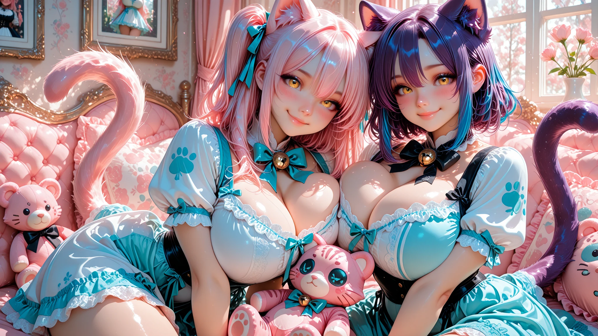 nsfw,Two Girls,On all fours,Nipples,panties,penis,Blowjob,Long Tongue,Light blue hair,Light pink hairstyles，Cat ear，Pink Eyes，light blue lolita，White socks，,Pink ribbon,Laughing with your mouth open,Best image quality,Highest quality