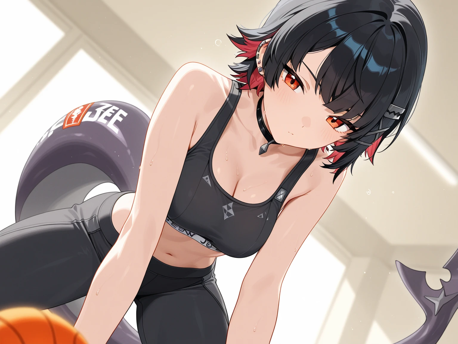 Bloody Beautiful young female mixed martial artist fighting in the octagon ring. she is lying face-up with her arms stretched out above her head. very Sweaty. Very weak。Covered in bruises. shortness of breath. Drooling. Short black hair. Open Finger Gloves. ????? ???????. Eyes closed. Sports Bra. High leg shorts.