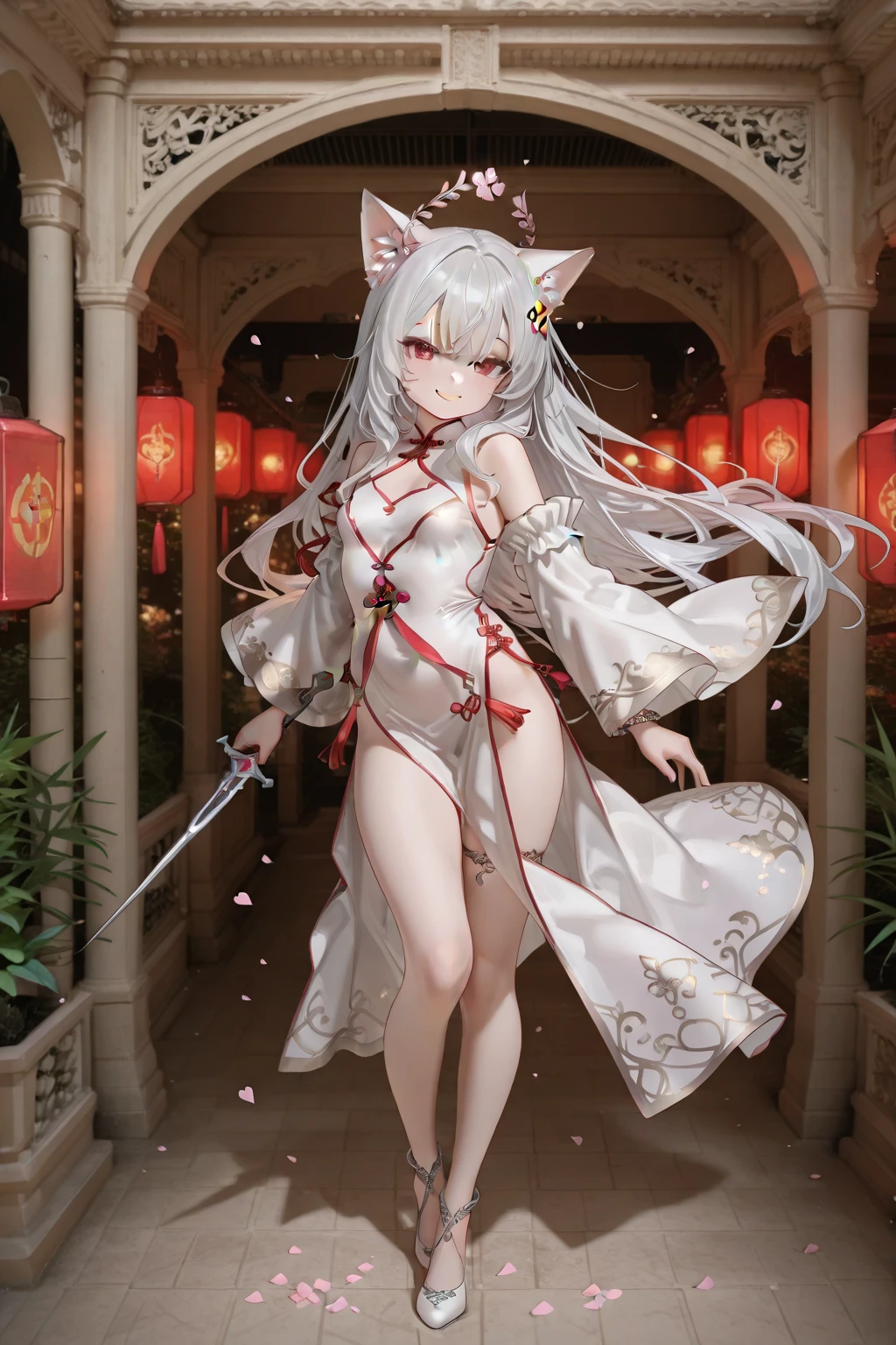 adult japanese catgirl, white cat tail, breathtaking cherry tree forest, falling cherry petal, ((white elegant sleeveless cheongsam mini dress)), smooth and beautiful legs, ((brown eye color)), (medium short length hair flowing in the wind), ((white hair), ((white high heeled pumps shoes)), beautiful nature, Atlantis ruins, small water spring with small waterfall, ((high quality)), extremely detailed, (bokeh), dof, large breasts, sitting in front of a cherry tree, elegant ancient stone structure, (crossed legs), side swept hair bangs, looking up into the far distance, realistic ,(solo), (white cat ears), evening golden sun backlight, (face markings), hair braid, bangs, gentle smile