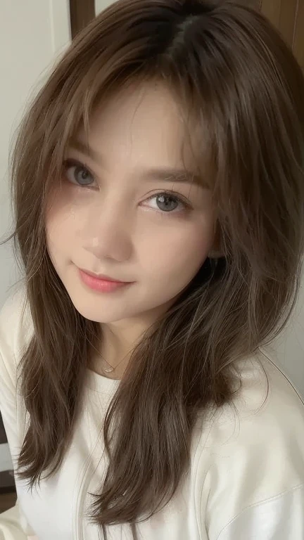 A beautiful Japanese shy girl, age 18 years old, brown hair tie up, brown big eyes, shiny lip, ecstatic expression, shiny hair, wearing solid white v neck shirts, in front of huge window, background is very blurry, wearing neckless, low angle,