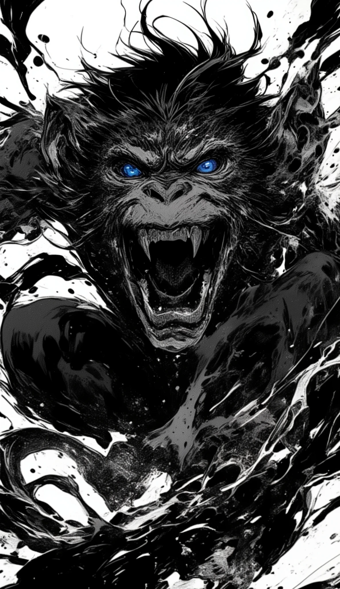 black、black、black、blackい背景、力強く勢いのあるblackい線画、blackの濃淡で表現する、A monkey that threatens by showing its fangs、whole、high detail、cross hatching、High Quality、high image quality、Osmudging Outline、流れるblack、masterpiece、Correct Body