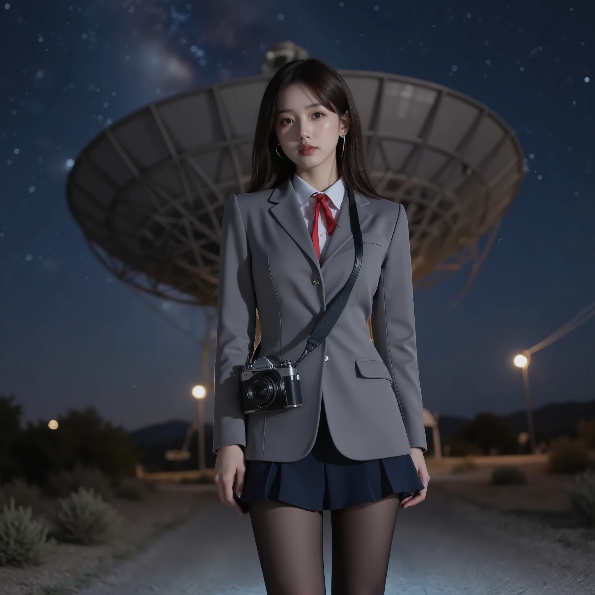 ultra-realistic, photorealistic, dramatic scene, shadow, global-illumination, solo, (age Japanese famous idol girl), very beautiful fragile Japanese girl, very beautiful with very cute but boyish cool face, (very ), slim waist, (wearing a gray colored Japanese high school cute uniform of white shirt with blazer and skirt), headset with microphone, (red ribbon), (She is wearing dark navy tights), (very ), wearing loafers, a girl is standing with a classical Rolleiflex TLR camera hanging around her neck, she is standing in front of NASA's giant parabolic antenna stands in the desert, at night, shoot from below, spectacular view of giant antenna with milky way,