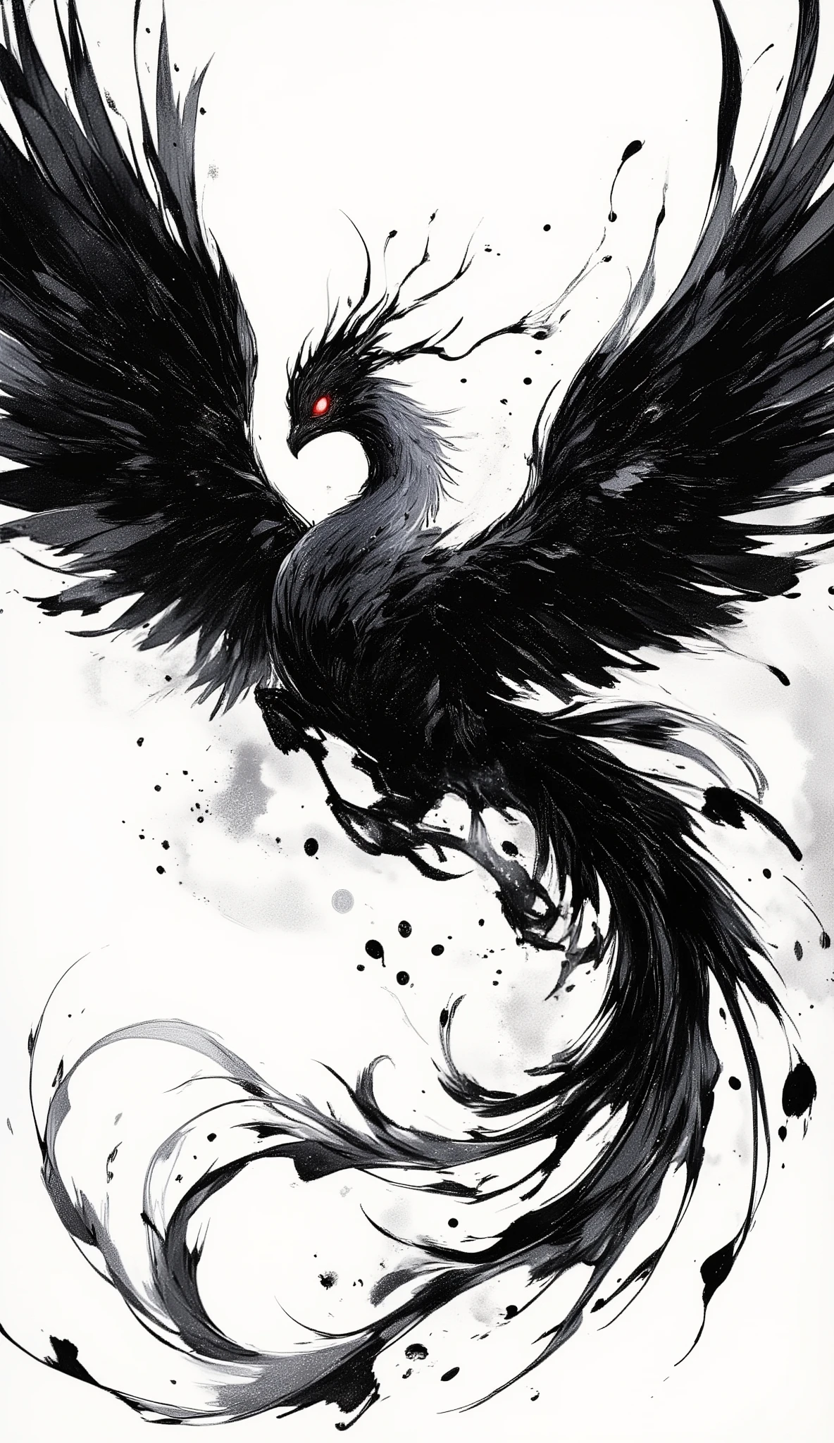 black、black、black、blackい背景、力強く勢いのあるblackい線画、blackの濃淡で表現する、A phoenix spreading its wings and trying to take off、whole、high detail、cross hatching、High Quality、high image quality、Osmudging Outline、流れるblack、masterpiece、Correct Body、detailed eyes