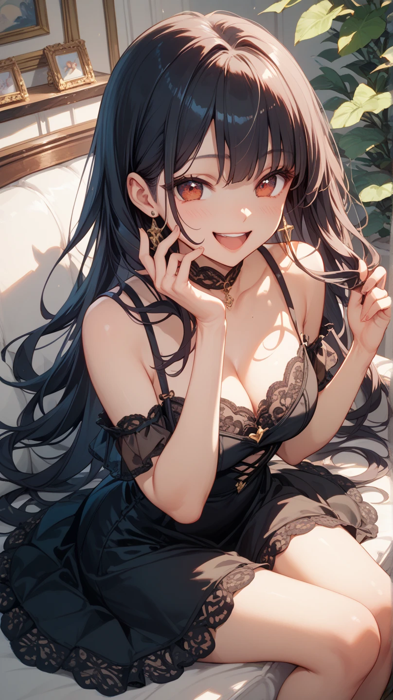 （best quality，masterpiece：1.2，detailed details，4k），A dim old apartment, a small birthday cake on an old wooden table, a modern apartment, an alarm clock on the wall, an anime scene,
A girl with modern gothic makeup, fair skin, modern clothes, black eyeshadow, a tank top, a  body, earrings and lip studs, fishnet stockings, posing in an attractive pose, kneeling on the wooden floor, a loving expression
Upward shot