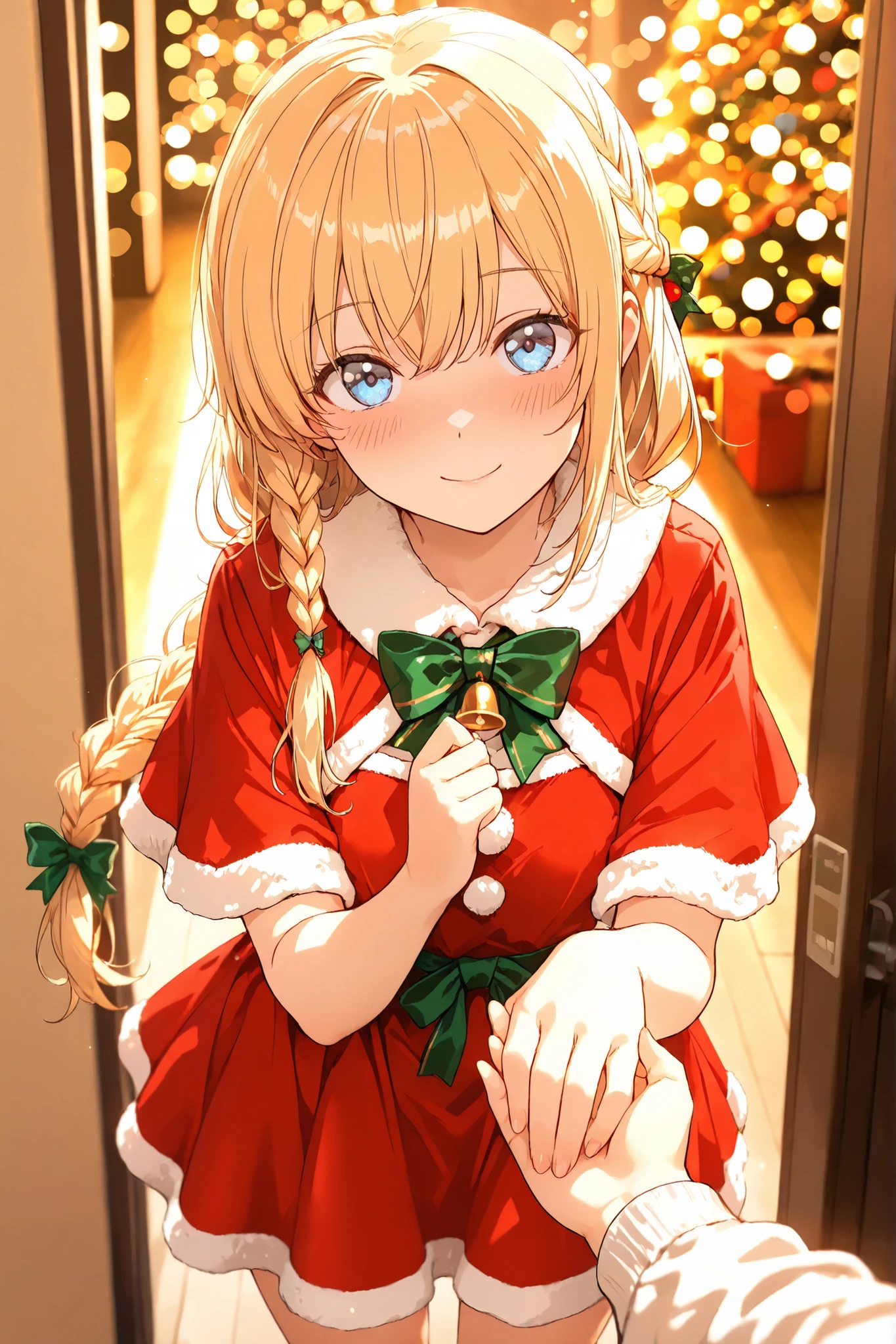 masterpiece, high quality, ultra-detailed, super high resolution, bokeh, 1 girl, solo, long hair, only single braid hair, blonde hair, reach out, holding someone's hand, blue eyes, blush, x-mas, christmas, ((cute)) santa dress, POV, inviting expression, warm light, soft smile, cozy atmosphere