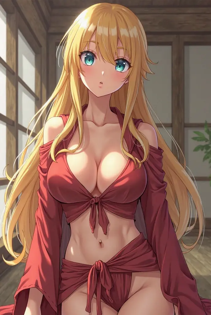 (masterpiece, best quality), Marin Kitagawa, beautiful girl, blonde hair, choker, ear piercing, earrings, long hair, piercing, (red eyes:1.5), straight hair, swept bangs, adult, bed, big ?????