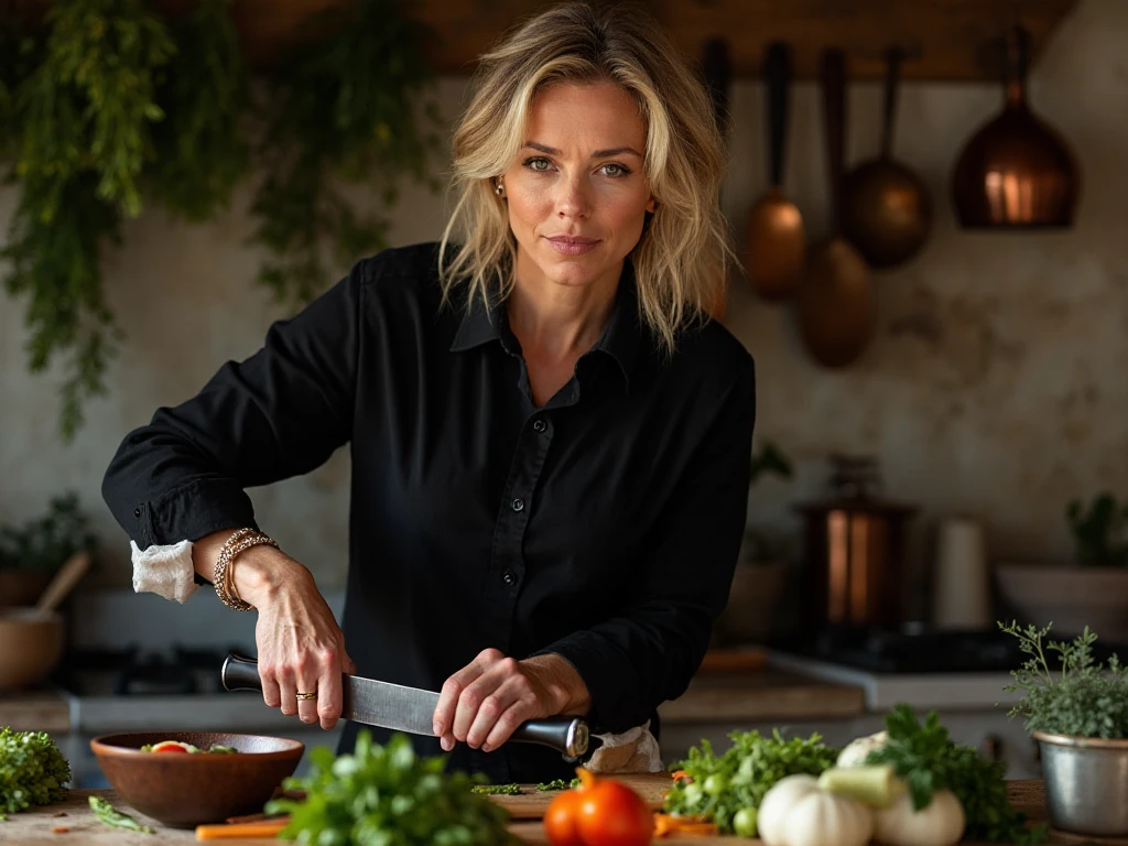 In a 1600s medieval kitchen, LaGermania stands by a large, stone hearth, stirring a thick stew in a cauldron hanging over the fire. She is dressed in a simple, woolen tunic with a leather belt, her hair covered by a linen coif. The kitchen is rustic and functional, with stone walls and a dirt floor. Wooden beams span the ceiling, and herbs and garlic hang from them to dry. The hearth is the centerpiece, providing warmth and a place to cook. LaGermania uses a long wooden spoon to stir the pot, her movements deliberate and strong. The table beside her is rough-hewn, scattered with ingredients like root vegetables, freshly baked bread, and a wooden bowl of apples. A large, iron pot and various wooden utensils are neatly arranged on shelves carved into the stone walls. The light from the fire flickers across the room, casting shadows and highlighting the simplicity of the medieval lifestyle. A large barrel of ale sits in one corner, and a woven basket filled with freshly picked herbs and vegetables rests beside it. LaGermania’s presence in the kitchen embodies the hardworking and practical nature of the time, where every meal is a result of hours of labor and skill. The scene is a glimpse into the past, where the kitchen is the heart of the home, providing sustenance and warmth in a harsh and unforgiving world.
