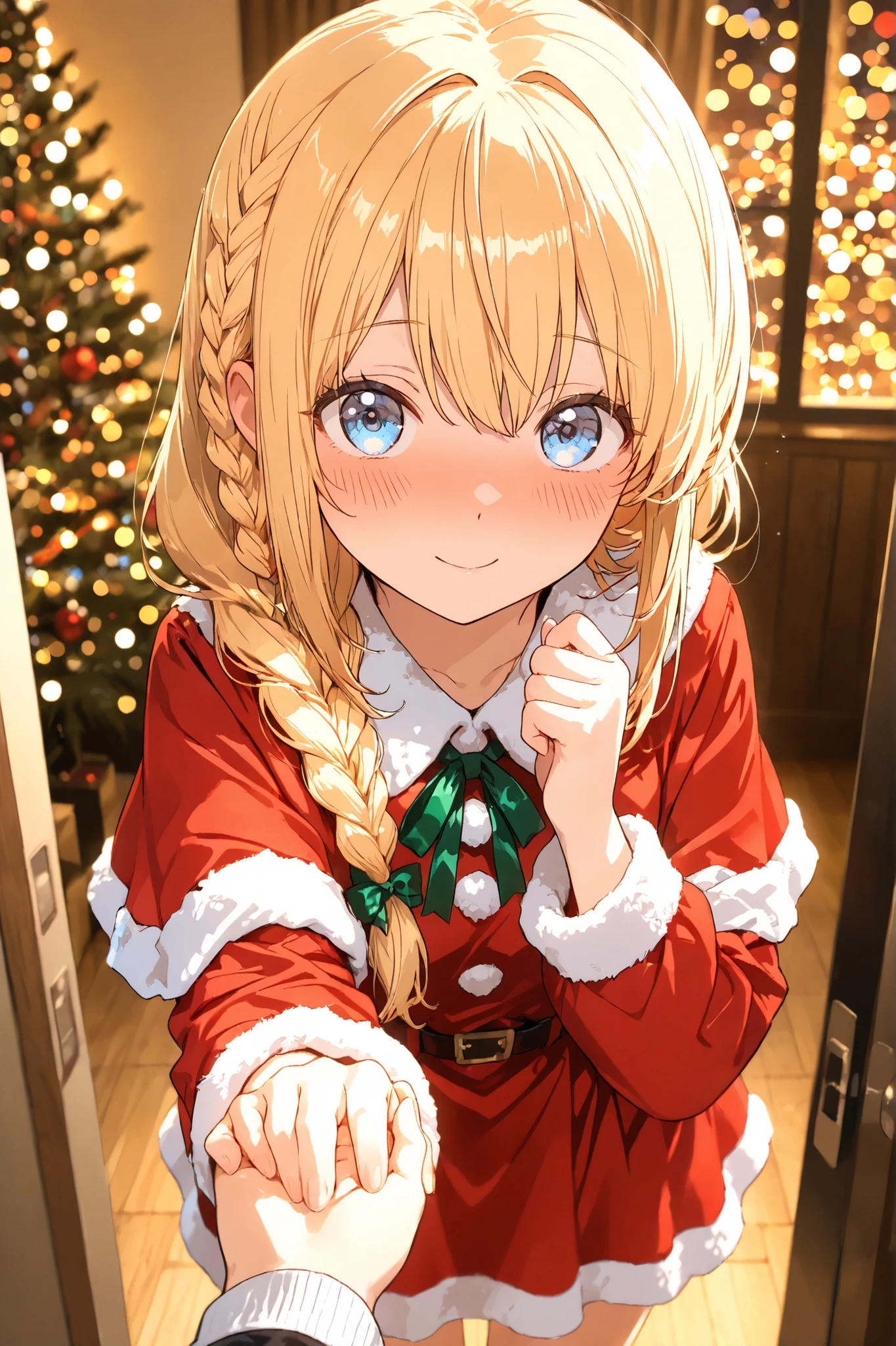 masterpiece, high quality, ultra-detailed, super high resolution, bokeh, 1 girl, solo, long hair, (only single braid hair), blonde hair, little embarrassed:0.7, ツンデレ, reach out, holding someone's hand, blue eyes, blush, x-mas, christmas, ((cute)) santa dress, POV, inviting expression, warm light, cozy atmosphere