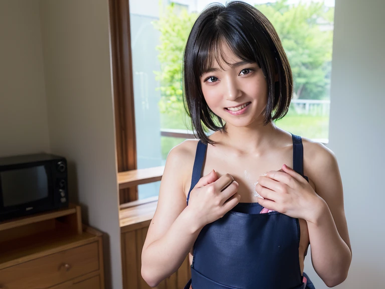 (Surreal Realism), (Awareness-raising), (High resolution), (8k), (Very detailed), (The best Awareness-raisingns), (Beautiful fine details), (highest quality), (Super detailed), (masterpiece), (wallpaper), (Detailed face), (Beautiful smile)、(Beautiful expression)、short hair、Bangs with earrings、Side bangs、solo、((Baby Face))、((topless))(((topless)))、 (((flat-breasted)))、((Dark blue pleated skirt))(Black knee-high socks:1.2)、Slender body、Seductive Pose:1.4、Looking into the camera、School classroom、((Place your hands on the desk))、((A look that captivates the audience:1.3))Spread your legs wide，Drooling，race，panties，Cleavage