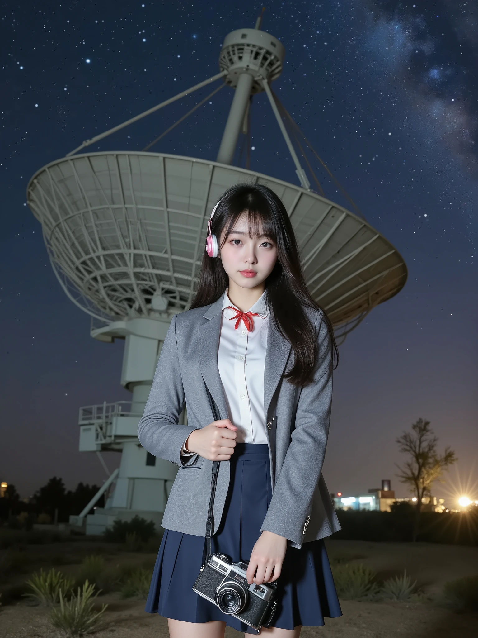 ultra-realistic, photorealistic, dramatic scene, shadow, global-illumination, solo, (age Japanese famous idol girl), very beautiful fragile Japanese girl, very beautiful with very cute but boyish cool face, (very large breasts), slim waist, (wearing a gray colored Japanese high school cute uniform of white shirt with blazer and skirt), headset with microphone, (red ribbon), (She is wearing dark navy tights), (very large breasts), wearing loafers, a girl is standing with a classical Rolleiflex TLR camera hanging around her neck, she is standing in front of NASA's giant parabolic antenna stands in the desert, at night, shoot from below, spectacular view of giant antenna with milky way,