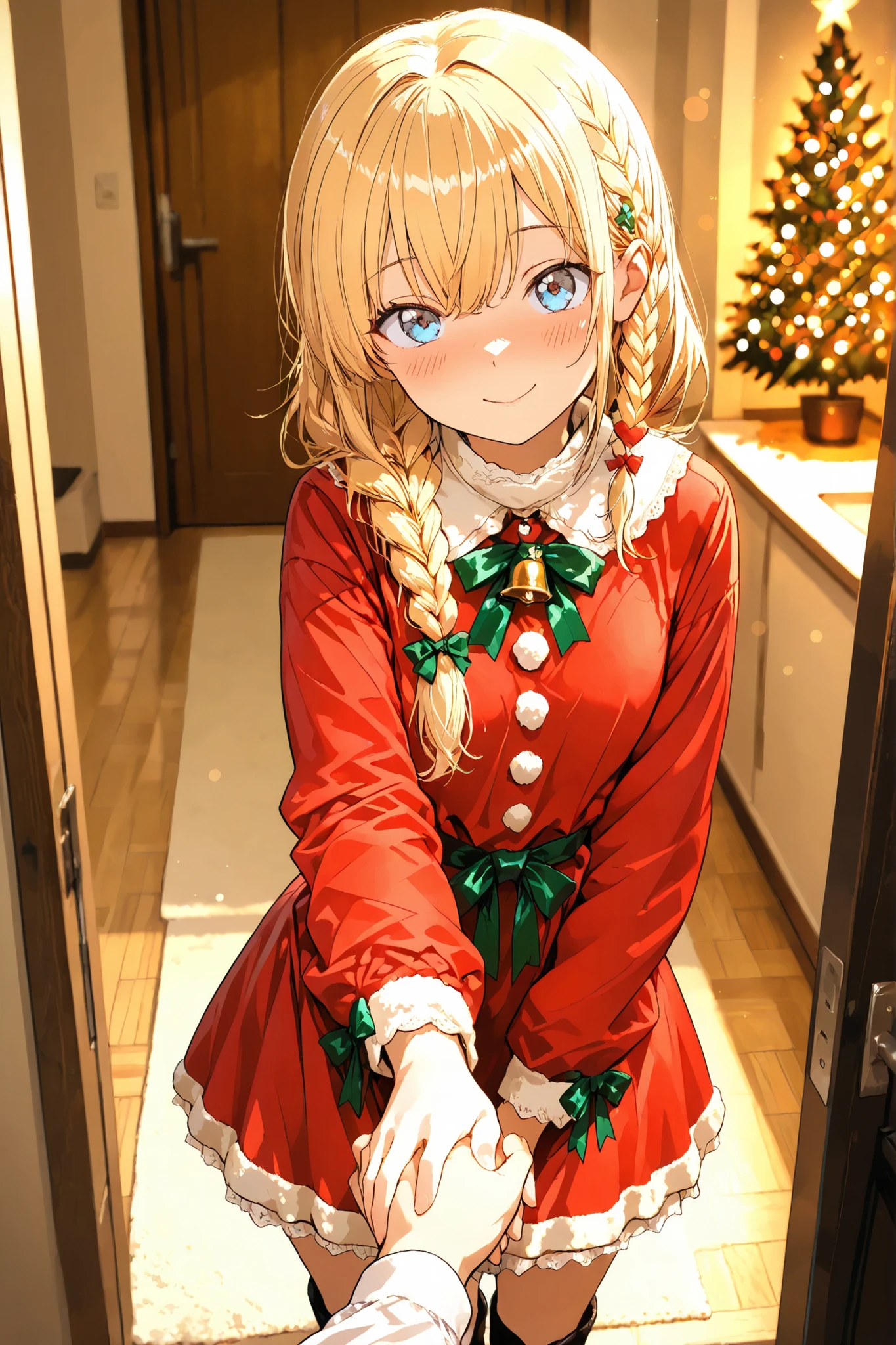 masterpiece, high quality, ultra-detailed, super high resolution, bokeh, good hand, natural hand, 1 girl, solo, long hair, only single braid hair, blonde hair, reach out, holding someone's hand, blue eyes, little embarrassed: 0.7, sulky:0.5, x-mas, christmas, ((cute)) santa dress, POV, inviting expression, warm light, soft smile, cozy atmosphere