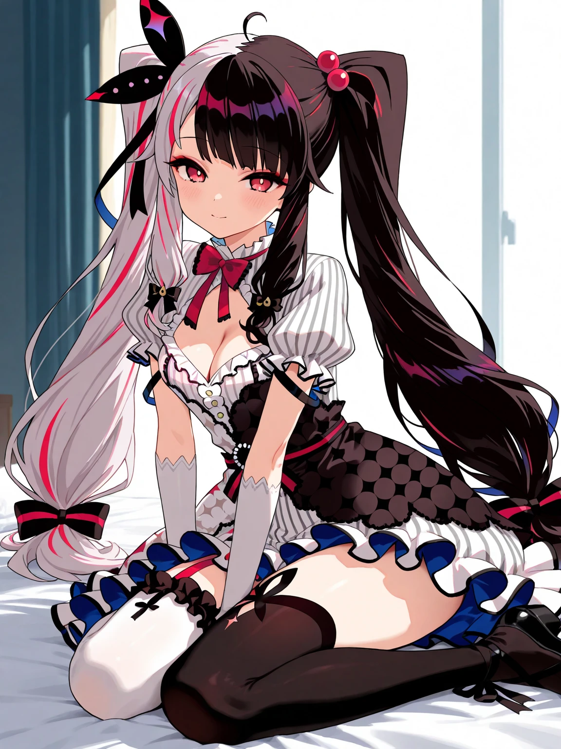 score_9, score_8_up, score_7_up, BREAK source_anime, rating_, best quality, masterpiece, ,1girl,((sweat)),blush,(steam),rena, twintails, very long hair, white gloves, puffy short sleeves, cleavage cutout, two-tone dress, asymmetrical legwear, mismatched legwear, thighhighs, black footwear,null_(nyanpyoun)