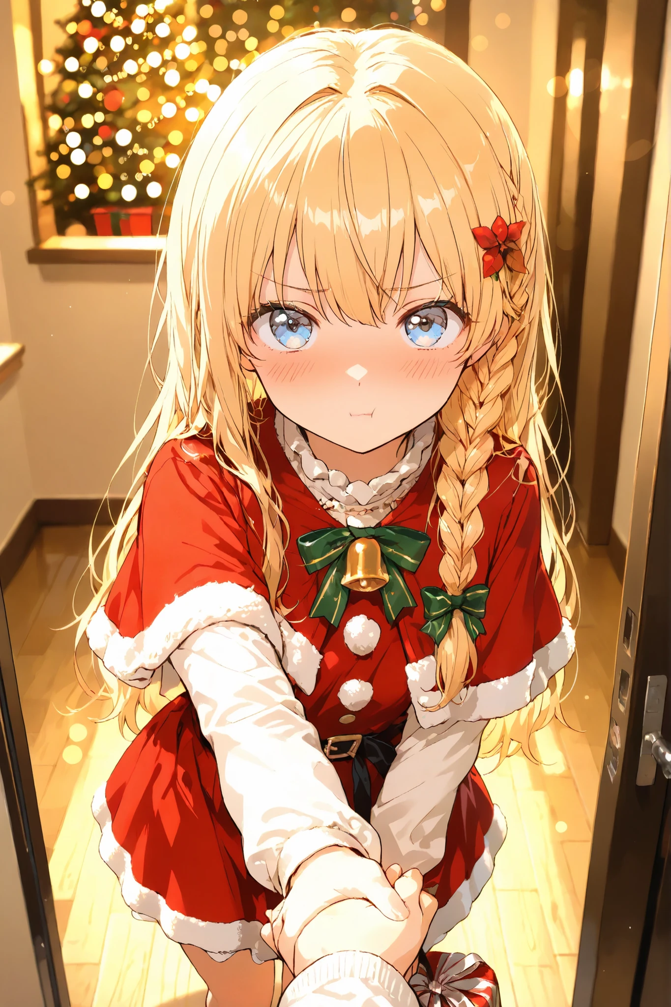 masterpiece, high quality, ultra-detailed, super high resolution, bokeh, 1 girl, solo, long hair, only single braid hair, blonde hair, reach out, holding someone's hand, blue eyes, little embarrassed:0.7, ツンデレ, pout:0.6, x-mas, christmas, ((cute)) santa dress, POV, inviting expression, warm light, cozy atmosphere