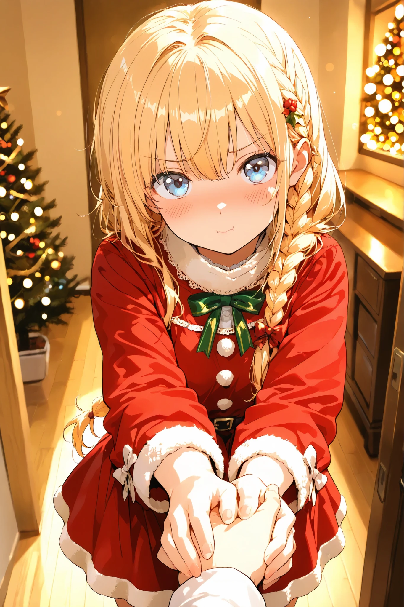 masterpiece, high quality, ultra-detailed, super high resolution, bokeh, 1 girl, solo, long hair, only single braid hair, blonde hair, reach out, holding someone's hand, blue eyes, little embarrassed:0.7, ツンデレ, slightly pout:0.7, x-mas, christmas, ((cute)) santa dress, POV, inviting expression, warm light, cozy atmosphere