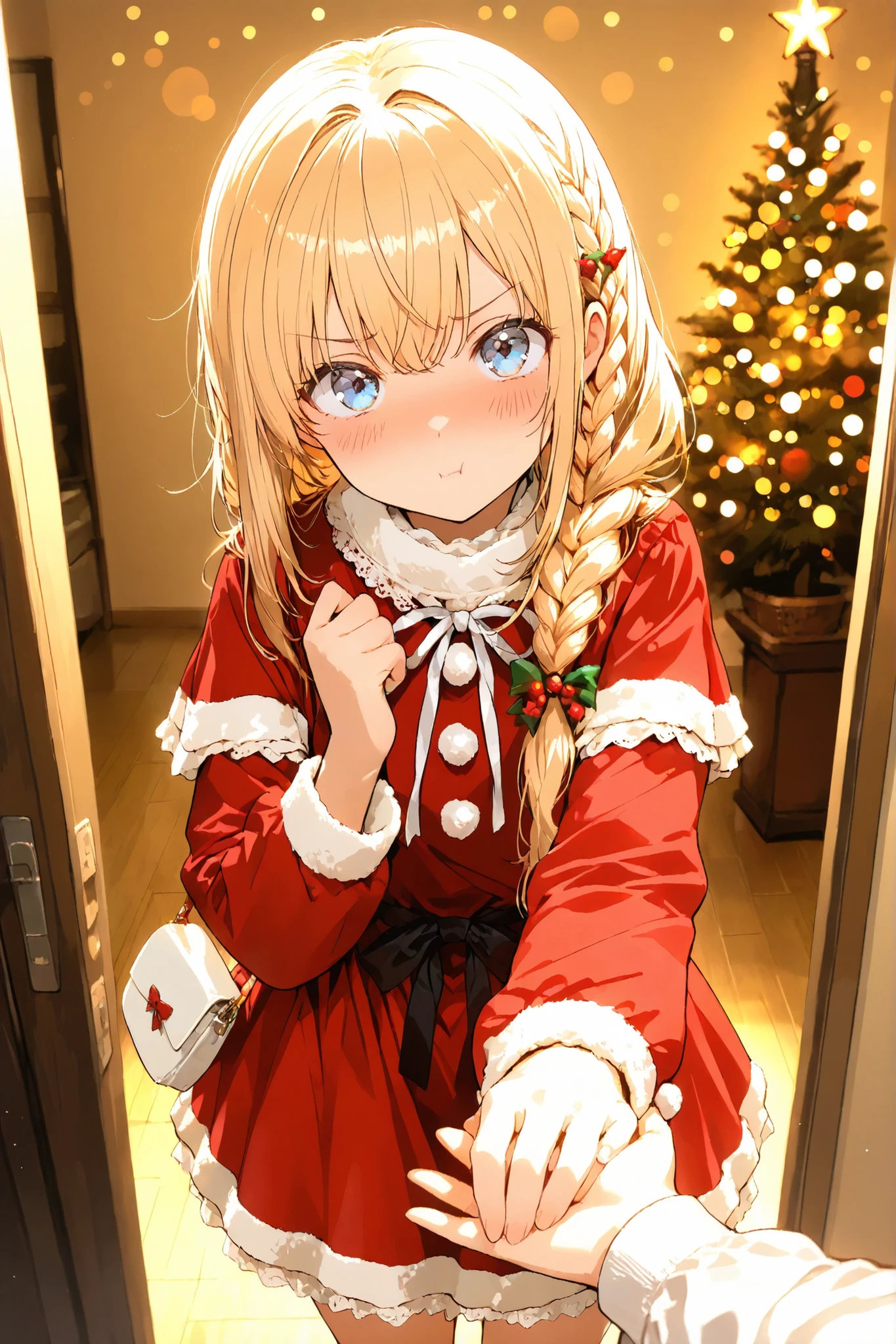 masterpiece, high quality, ultra-detailed, super high resolution, bokeh, 1 girl, solo, long hair, only single braid hair, blonde hair, reach out, holding someone's hand, blue eyes, little embarrassed:0.7, ツンデレ, pout:0.6, x-mas, christmas, ((cute)) santa dress, POV, inviting expression, warm light, cozy atmosphere