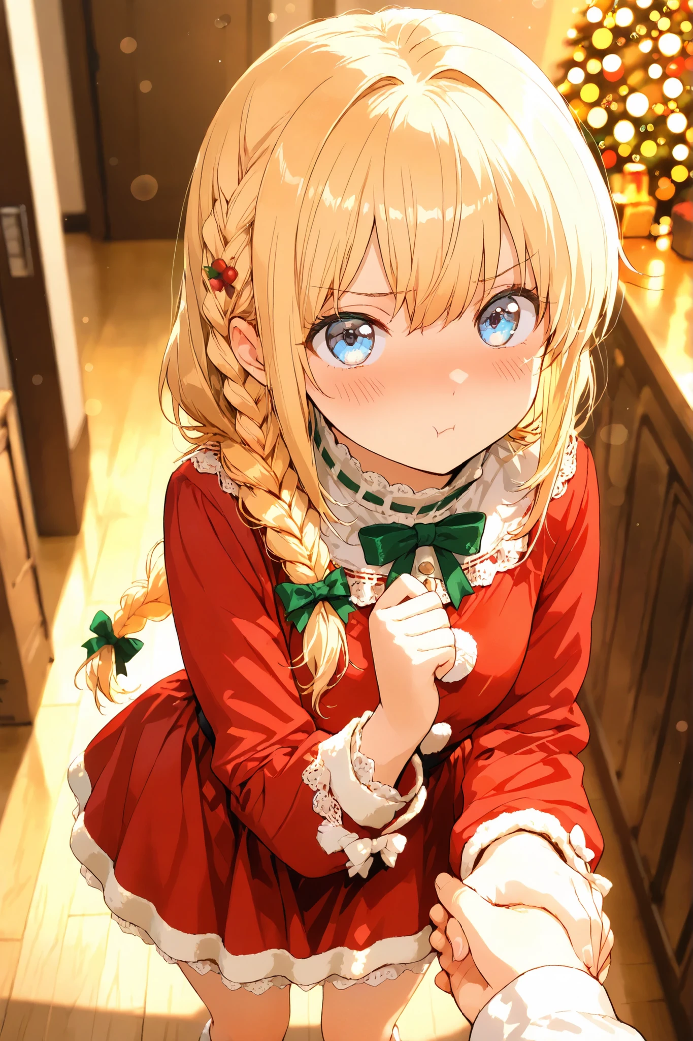 masterpiece, high quality, ultra-detailed, super high resolution, bokeh, 1 girl, solo, long hair, only single braid hair, blonde hair, reach out, holding someone's hand, blue eyes, little embarrassed:0.7, ツンデレ, slightly pout:0.7, x-mas, christmas, ((cute)) santa dress, POV, inviting expression, warm light, cozy atmosphere