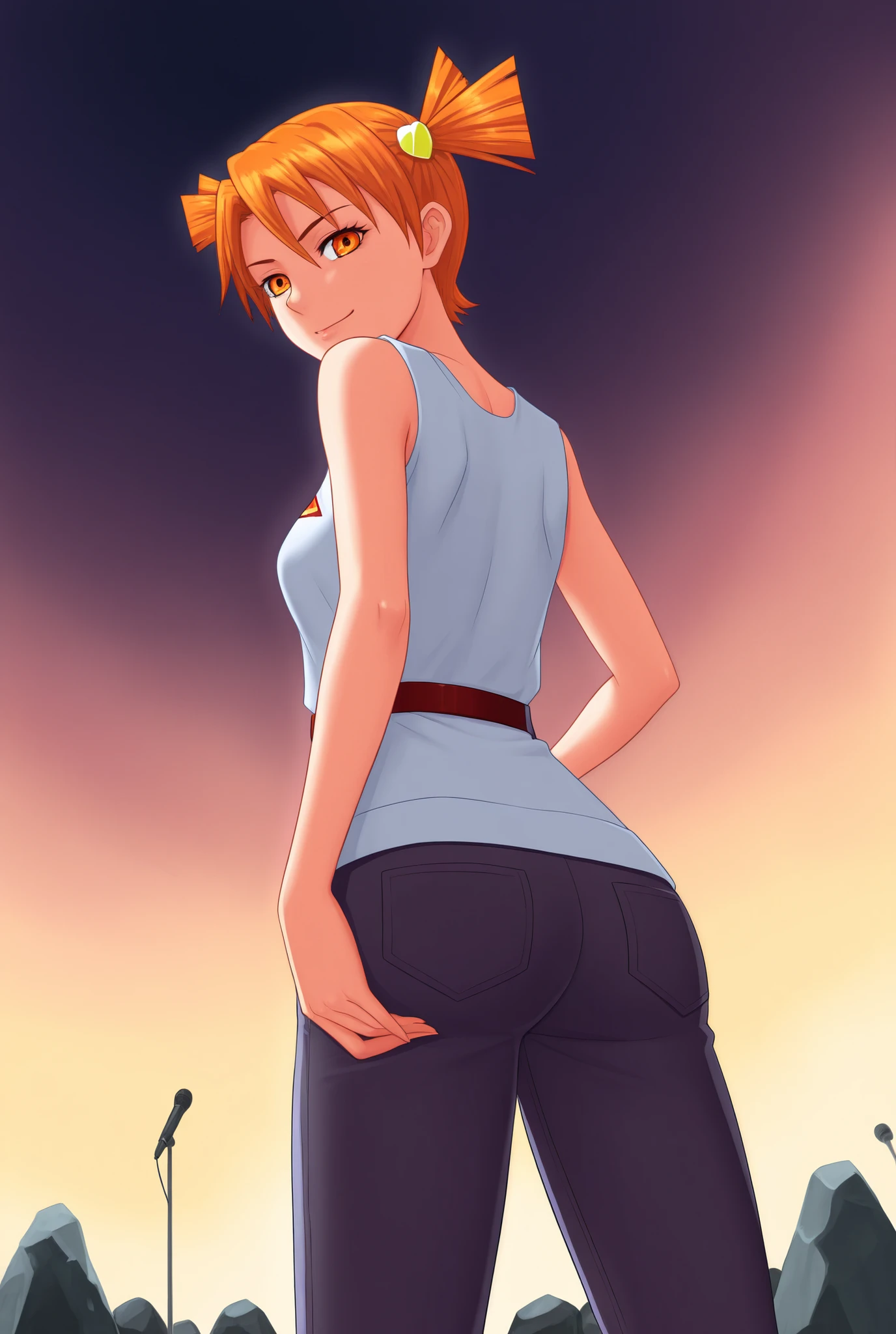 FAlisaF, orange hair, orange eyes, two pigtails, looking at viewer, rock concert, rocker chick, rocker clothes, bottom view, solo, 