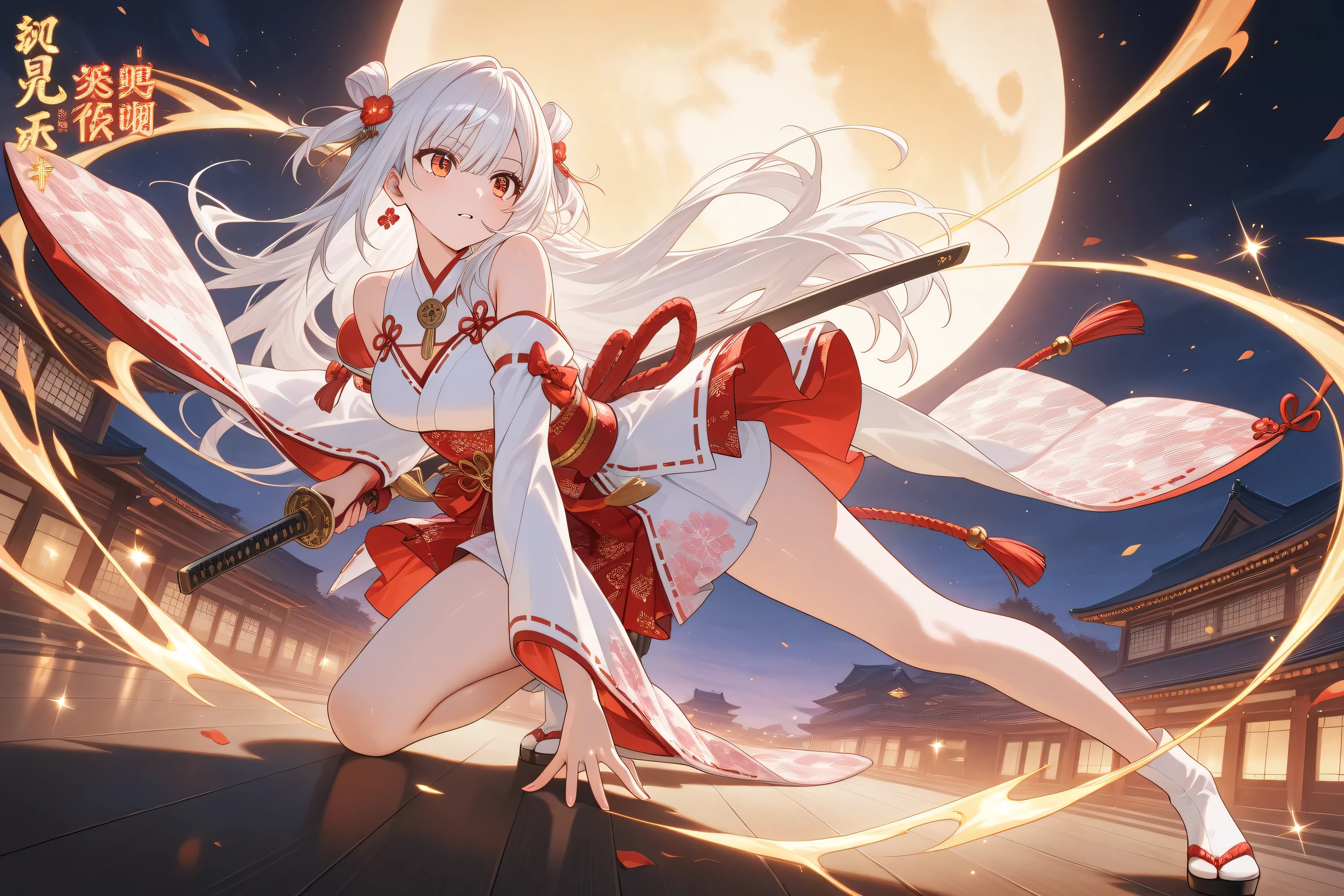 Aesthetic style,(glitter),soft anime,Anime Style Illustration
「the best assasin from the assasins clan」
masterpiece, best quality, amazing quality, dynamic pose, dynamic angle shot, close up, full body,
appearance:Beautiful girl, bright white hair short、Yellow-red pupil、natural beauty。 Beautifully detailed face, Perfect beautiful face,
Costume: white assasin outfit, kodachi sword with kanji pattern engraved,
Situation:
When the wind blows the leaf in the japanese castle sakura garden