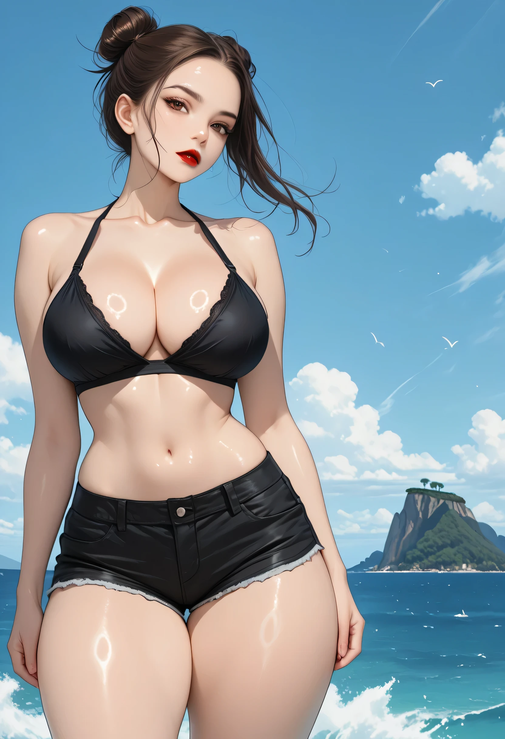 (Blue Sky, Island, Sea, Wind), Perfect Face, Perfect Body, Dark Brown Hair, (Long Sleek Bun Hair), ((Forehead)), Black Thin Eyebrows, Brown Eyes, Red Lips, Perfect Lips, Collarbone, Cleavage, ((Large Breasts)), Small Waist, Normal Midriff, (Black Bra Bikini), Navel, Standing, (Thick Thighs), (Black Short Shorts), Looking At Viewer, Pov, (Shiny Skin)
