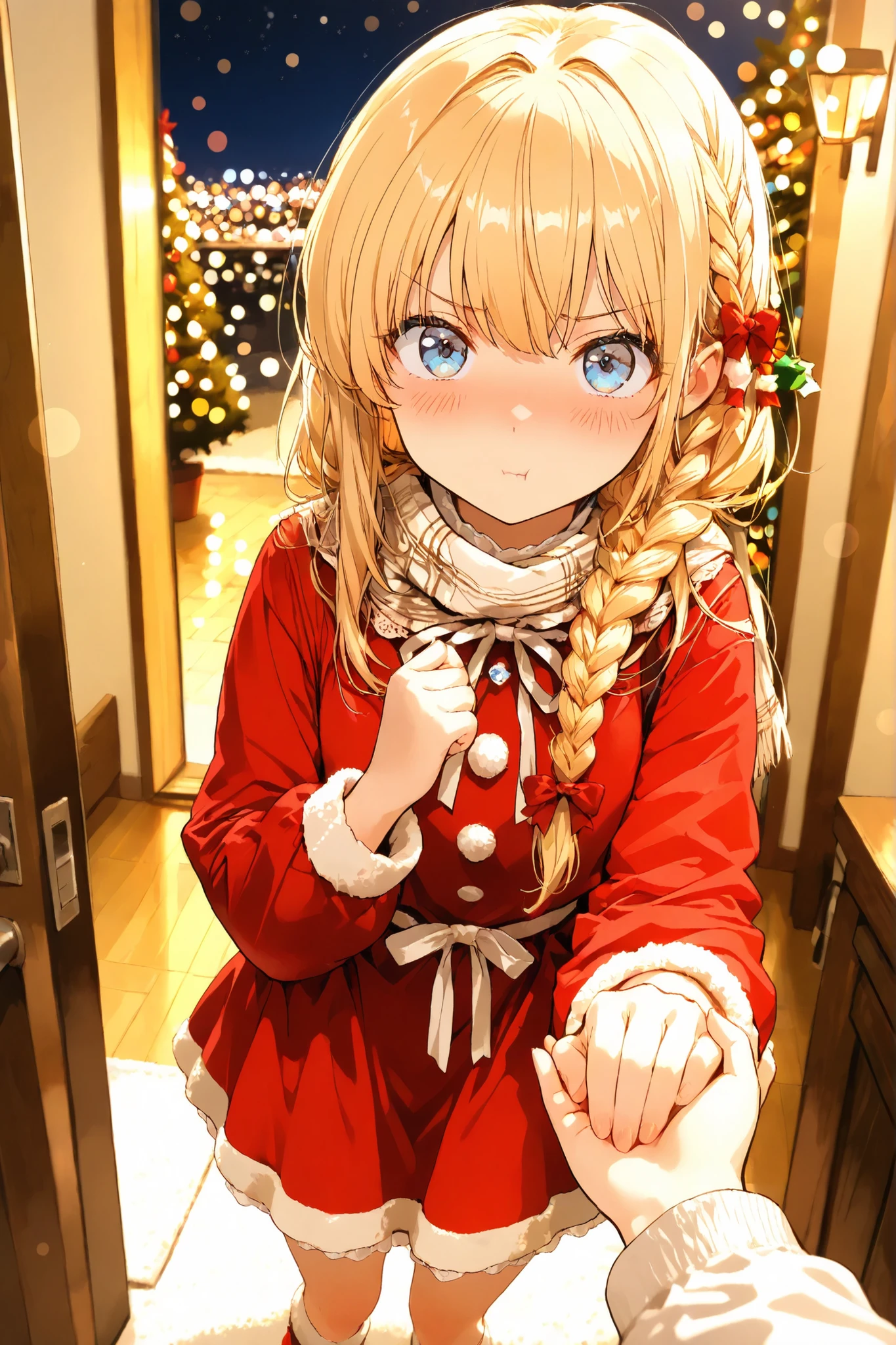 masterpiece, high quality, ultra-detailed, super high resolution, bokeh, 1 girl, solo, long hair, only single braid hair, blonde hair, reach out, holding someone's hand, blue eyes, little embarrassed:0.7, ツンデレ, pout:0.6, x-mas, christmas, ((cute)) santa dress, POV, inviting expression, warm light, cozy atmosphere