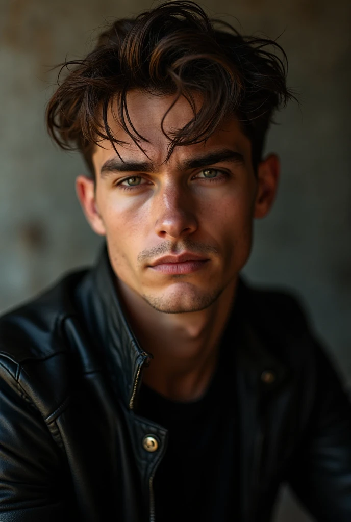 Teenager in black jacket, muscular and wavy haired