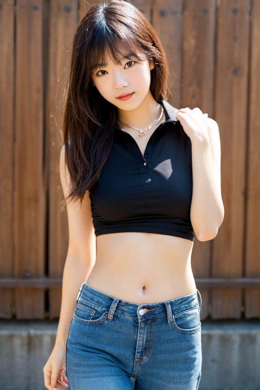 A very cute girl, solo, young, wearing navy t-short and short pants, big breasts, white and smooth skin, standing, full body, red lip, realistic face