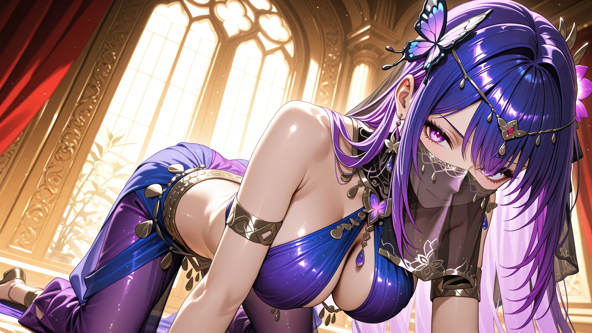 In the enchanting, captivating frame of the scene, structures of ethereal fantasy origin adorn the picturesque village backdrop, casting long, intricate shadows that dance upon the cobblestone streets. Amidst the bustling, lively village festival, a mesmerizing, fiery-haired beauty stands at the center, her ice-cold gaze hidden behind a seductive smile that sends shiver down the spectators' spines. The top half of her body is adorned only by a loosely tied cloth, revealing the enticing allure of her ample, well-defined, and tantalizingly ???? ???????. A garter belt accentuates the seductive