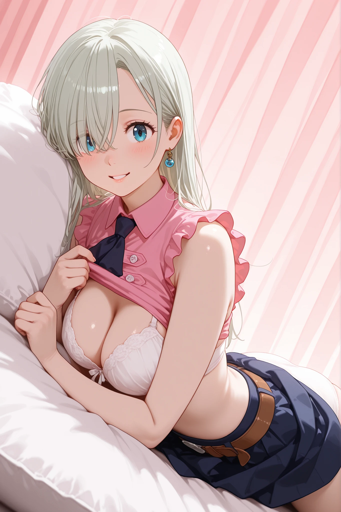 shape hard-edged:1.3,Elizabeth liones:1.3,blue eyes:1.3,on stomach,side shot,Photorealistic:1.3,pink curtains:1.4,viewers:1,(sleeveless:1.4),”Facing directly forward”, “looking straight into the camera”:1.7,happy parted lips smile:1.3,shirt pull:1.3,(Navy blue skirt lift:1.5),navy ribbon tie:1.4,Cleavage:1.3,(normal :1.1),brown belt with silver buckle:1.2, Silver Hair,hair over one eye,((pink Button:1.7)),(((pink shirt half open:1.5))),(White ribbon bra:1.3),full shot of,long shot,pillows:1.3,(White full back panties:1.3),red curtain