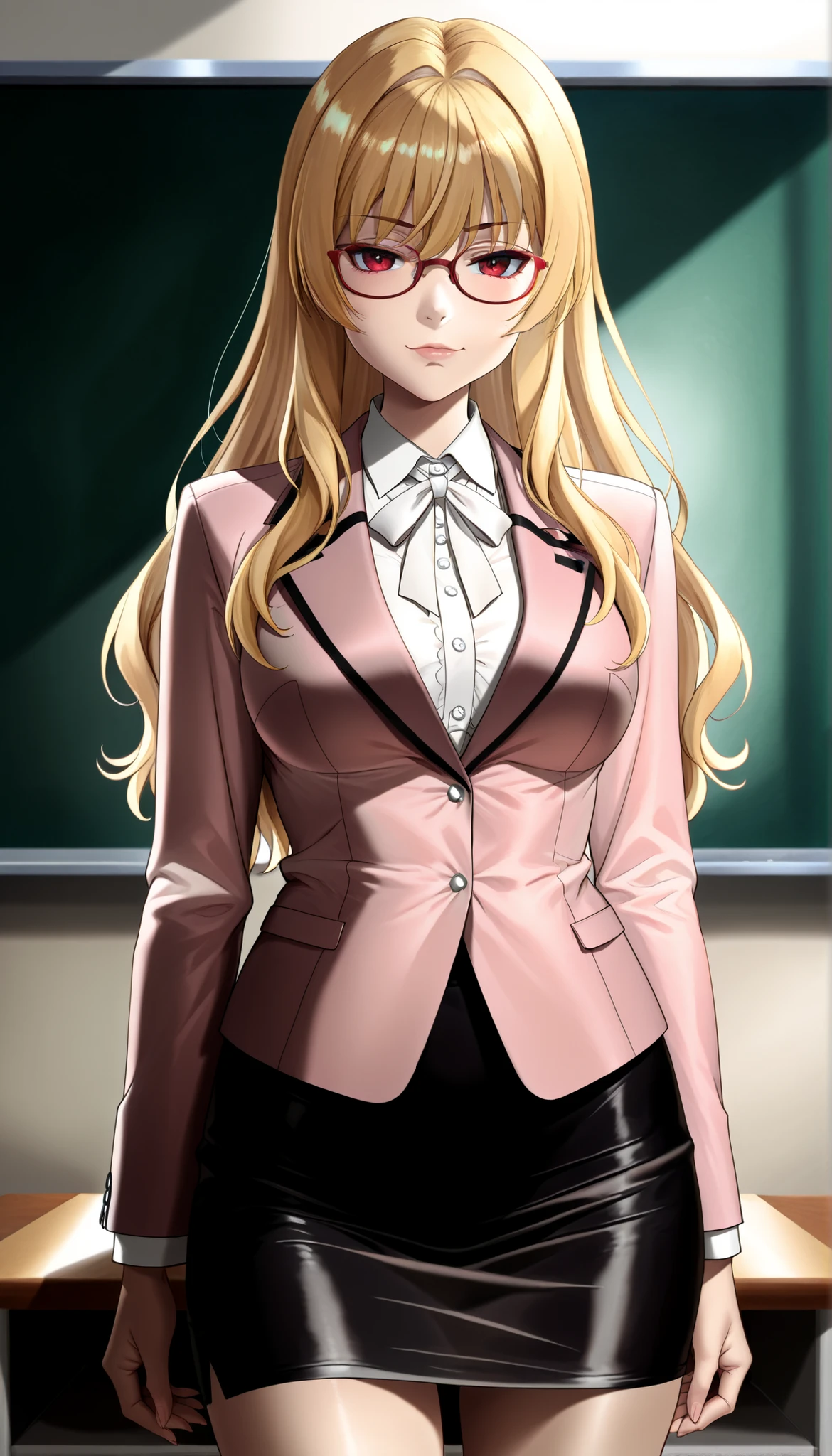 animescreencap ,yue(arifureta), 1girl, blonde hair, solo, long hair, bangs, hair ,red eyes, adult style ,glasses ,school teacher ,pink blazer,,buttoned blazer,pencil skirt ,black skirt, white blouse ,white neck ribbon ,   face ,closed mouth ,rouge lips, thigh, standing posture ,cowboy shot ,classroom