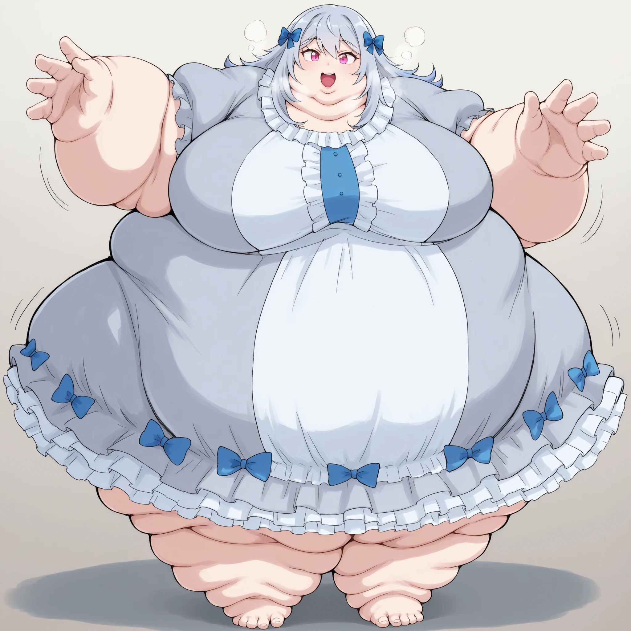 reine von silford, blue-grey hair, long hair, pink eyes, 1girl, bow, solo, smile, blue bow, short sleeves, open mouth, hair bow, puffy sleeves, dress, puffy short sleeves, breasts, fat, chubby, obese, fat neck, multiple chins, big breasts open mouth, out of breath, Larger female, full body shot, only head, large head, oversized limbs, large hands, large feet, oversized feet, oversized fingers, big lips, plump lips, fat face, fupa, big fupa, fat fupa,  