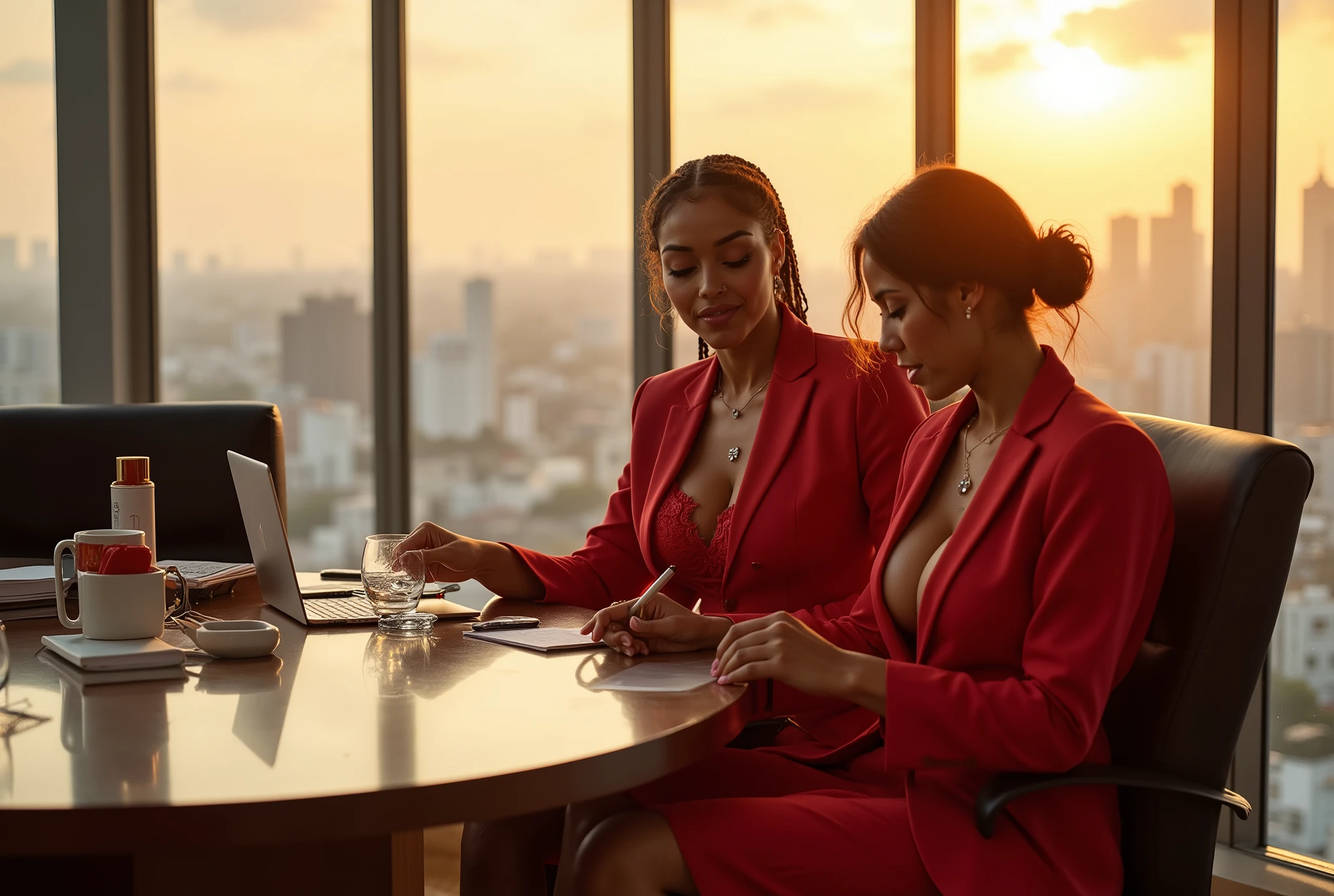 “Glass office on the 30th floor, fim de tarde, golden sunset light entering through the panoramic windows, view of Copacabana Beach in the background slightly blurred.
Three hot CEOs Damn it dominating the meeting room with authority and whore:
1st — The original tanned brunette, now wearing a tight red Flamengo suit (open blazer with nothing underneath, just a red lace bra barely covering the huge breasts, very short pencils come out tearing on her thighs), loose blond braids falling over her shoulders. She's sitting in On the mahogany table, pernas cruzadas (but the skirt went up so high that you can see the red thighs tucked in), touching the MacBook with one hand while the other holds a glass of whiskey, looking straight into the camera with the eyes of the boss and banging.
2nd — The powerful mulatto, Vasco's black suit, blazer buttoned up only in the middle, stretching to the maximum because of her giant breasts, caved Sweaty showing the sweaty valley, an envelope comes out with an open envelope up to the hip leaving her thigh tattooed all showing. Sitting on the edge of the table next to the first, thick legs wide open, impeccable black power hair, one hand on the cell phone , the other “unintentionally” brushing her friend's thigh, the naughty face who signs a contract and then sits on the customer's face.
3rd — The fatal platinum blonde, white suit by Fluminense, cropped blazer showing a six-pack belly, very short tailoring skirt almost turning into a belt, salto 15cm. Sitting on the other side of the table, in front of the brunette, purposely opened legs, white lace panties showing all, curly straight hair falling down to her waist. One hand holds a pen that she sucks slowly, the other one comes down disguised Between your own thighs as you look at them both with the face of someone who wants a gangbang right there on the table.
The three laughing low, heavy climate of sexual tension, blazers abertos, tits almost jumping out, thick thighs brushing each other, sweat shining on the neckline, one passes the back of the other, a loira mo