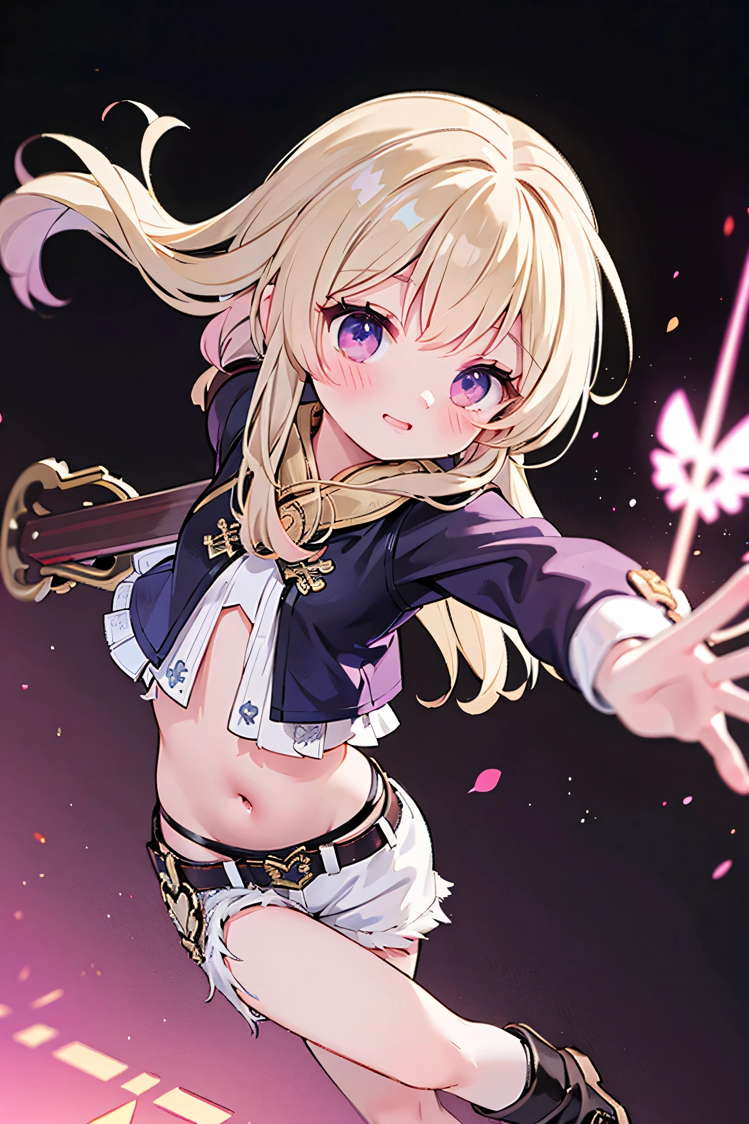 best quality ，Ultradetailliert ， nice face ， Meisterwerk、 Meisterwerk, erstklassig, 
Meisterwerk, best quality, amazing quality, (genauer Stil), (detailed face), Genaues Gesicht, Treffende Augen, genaue Farben, detaillierte Augen, Rumi kpop, only 1 very long purple braided braid,Pony, braune Augen,  1 girl, Allein, 3d, Gelbe Jacke, Cropped Jacke, schwarze Shorts, Bauch, red belt, white crop top, Stiefel, has golf clubs in the right hand,spielt Golf, very dynamic pose, very dramatic perspective, Cowboy-Schuss, Hellblaues Crop-Top, on stage,View viewers directly, very sweet smiling,looks directly at the viewer, happy smile, Elegant,  very thin legs, dark background narrow  , schmale Beine, , extremely detailed,  best quality ，Ultradetailliert ， nice face、 Meisterwerk, erstklassig, 1 girl in, best quality , 1 girl dunkler Hintergrund