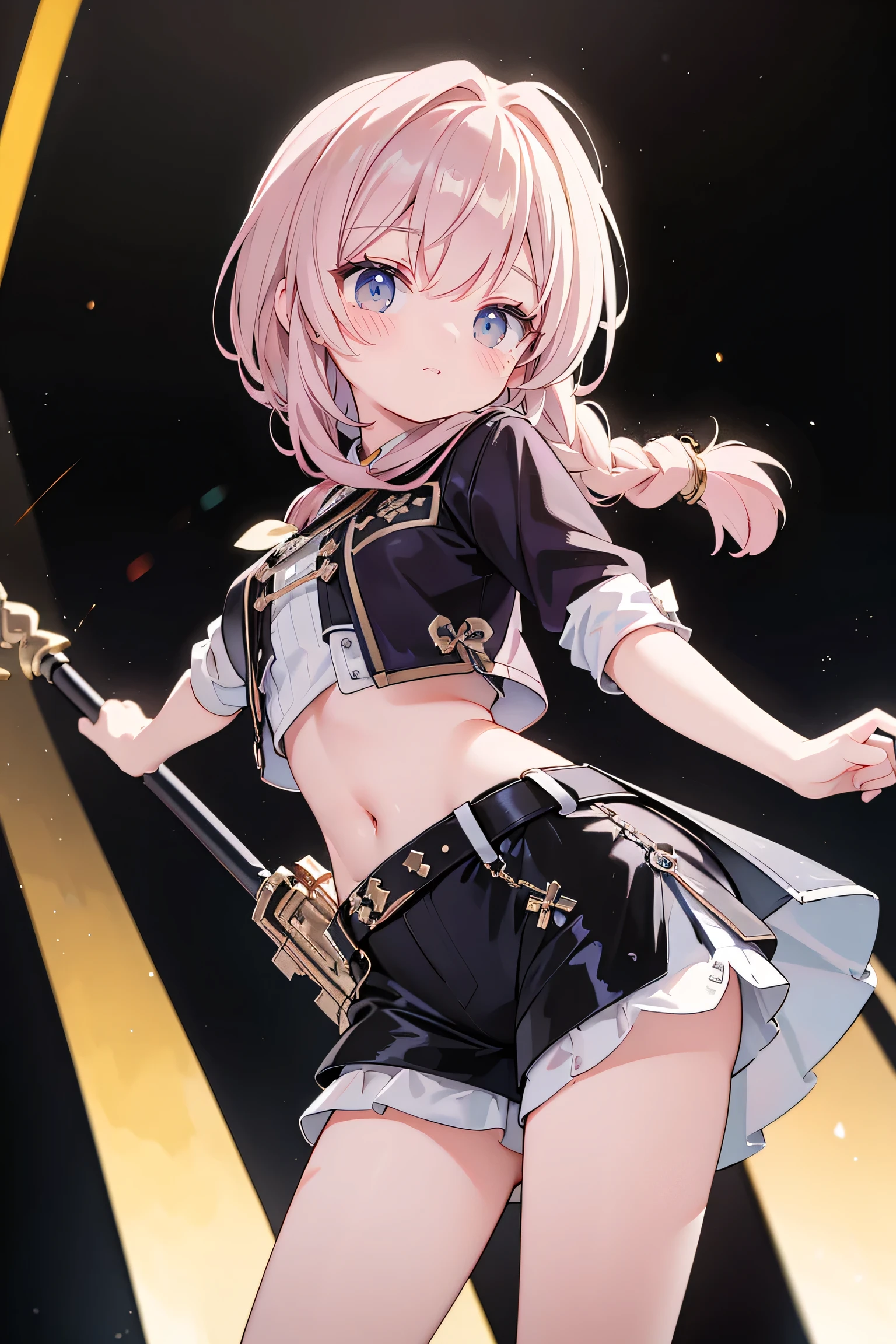 best quality ,Ultradetailliert , nice face , Meisterwerk、 Meisterwerk, erstklassig,
Meisterwerk, best quality, amazing quality, (genauer Stil), (detailed face), Genaues Gesicht, Treffende Augen, genaue Farben, detaillierte Augen, Rumi kpop, only 1 very long purple braided braid,Pony, braune Augen, 1 girl, Allein, 3d, Gelbe Jacke, Cropped Jacke, schwarze Shorts, Bauch, red belt, white crop top, Stiefel, has golf clubs in the right hand,spielt Golf, very dynamic pose, very dramatic perspective, Cowboy-Schuss, Hellblaues Crop-Top, on stage,View viewers directly, very sweet smiling,looks directly at the viewer, happy smile, Elegant, very thin legs, dark background narrow , schmale Beine, , extremely detailed, best quality ,Ultradetailliert , nice face , Meisterwerk、 Meisterwerk, erstklassig, 1 girl in, best quality , 1 girl dunkler Hintergrund