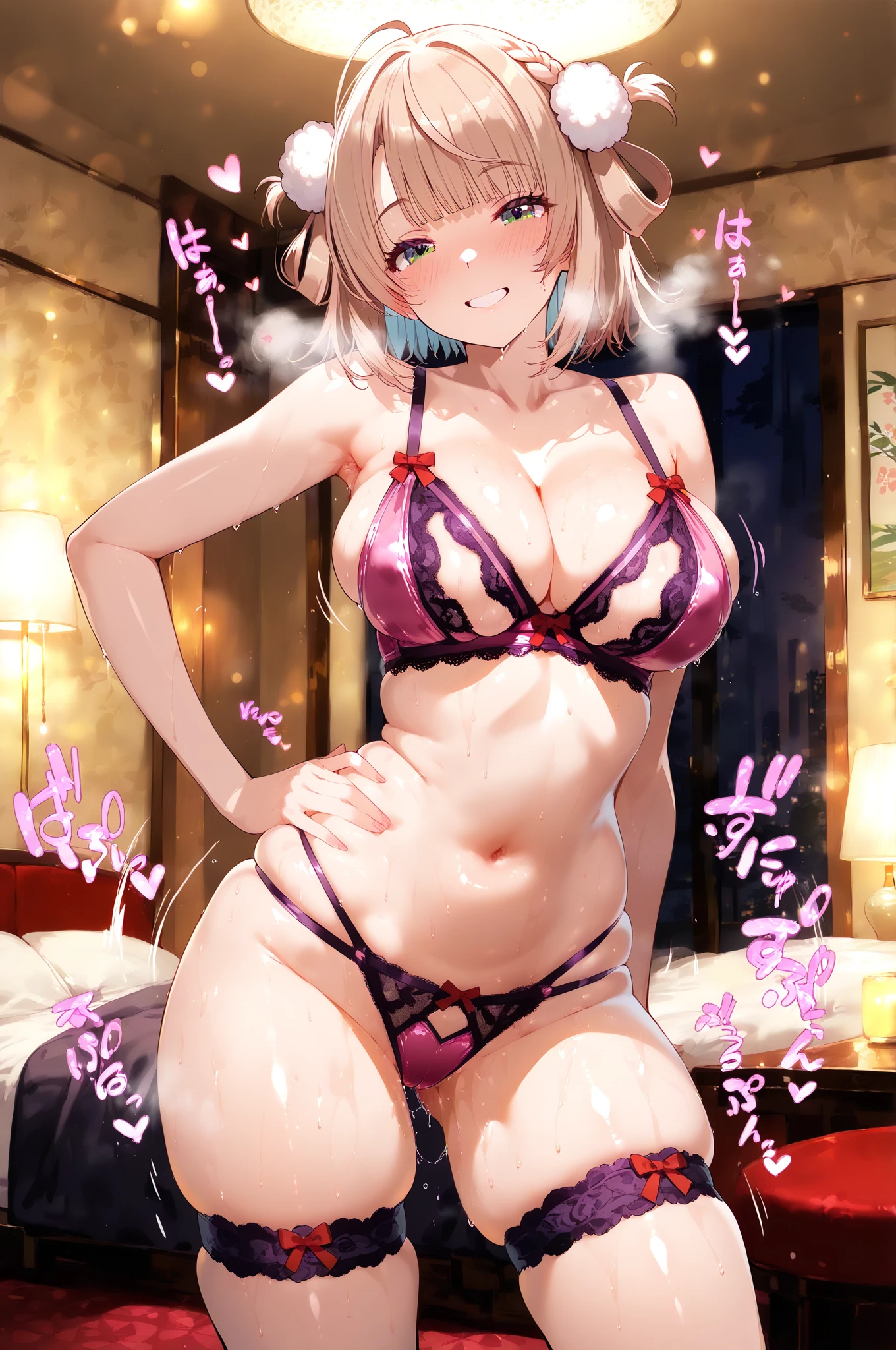 (masterpiece, Highest quality, Ultra-detailed), (figure), (Detailed and beautiful eyes), (1 Girl), (alone), Watching the audience, Cowboy Shot, Ahegao,  Better Hands,(Perfect hands, Five Fingers,(Leg spread),(((Gold metallic ultra micro bikini))),Mansuji,(See-through nipples),Oily skin,(((semen))),(((Creampie))),(Sex),Beautiful eyes、On the bed、blush、Nightclub、Cowgirl、front、Light purple hair