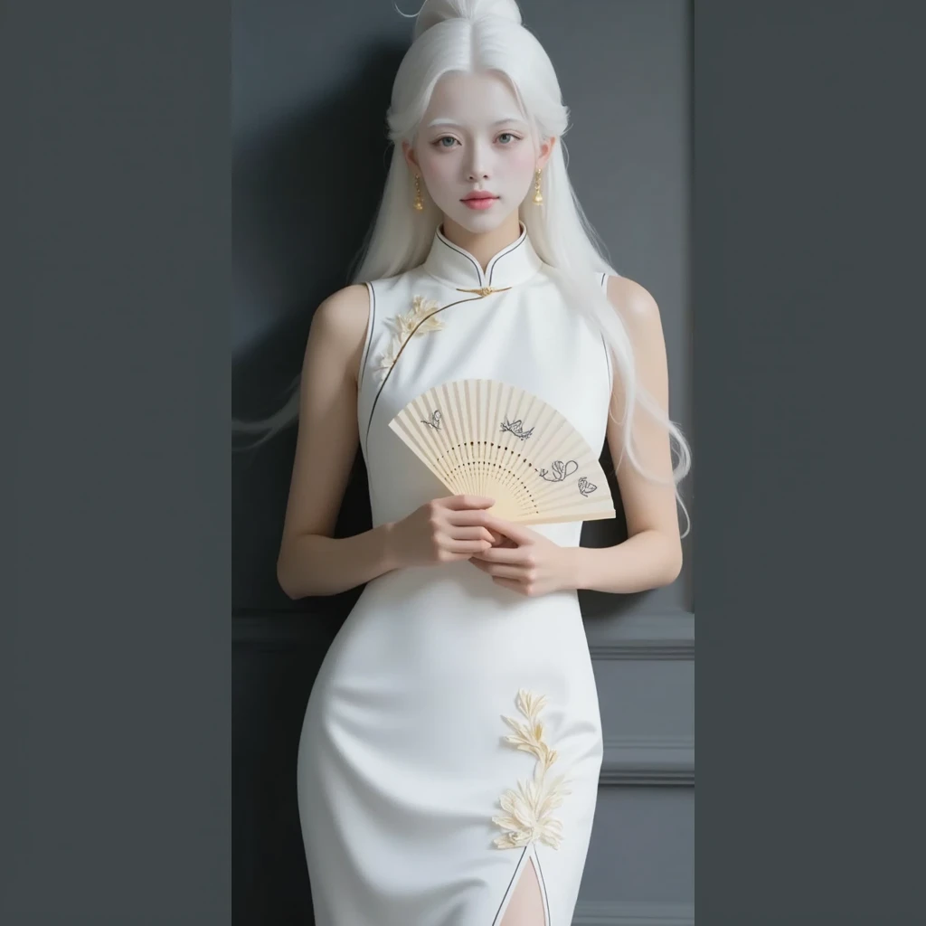 beautiful girl in qipao with white skin, very small ???????, white hair down to the ground stands on the street in a ?????? pose