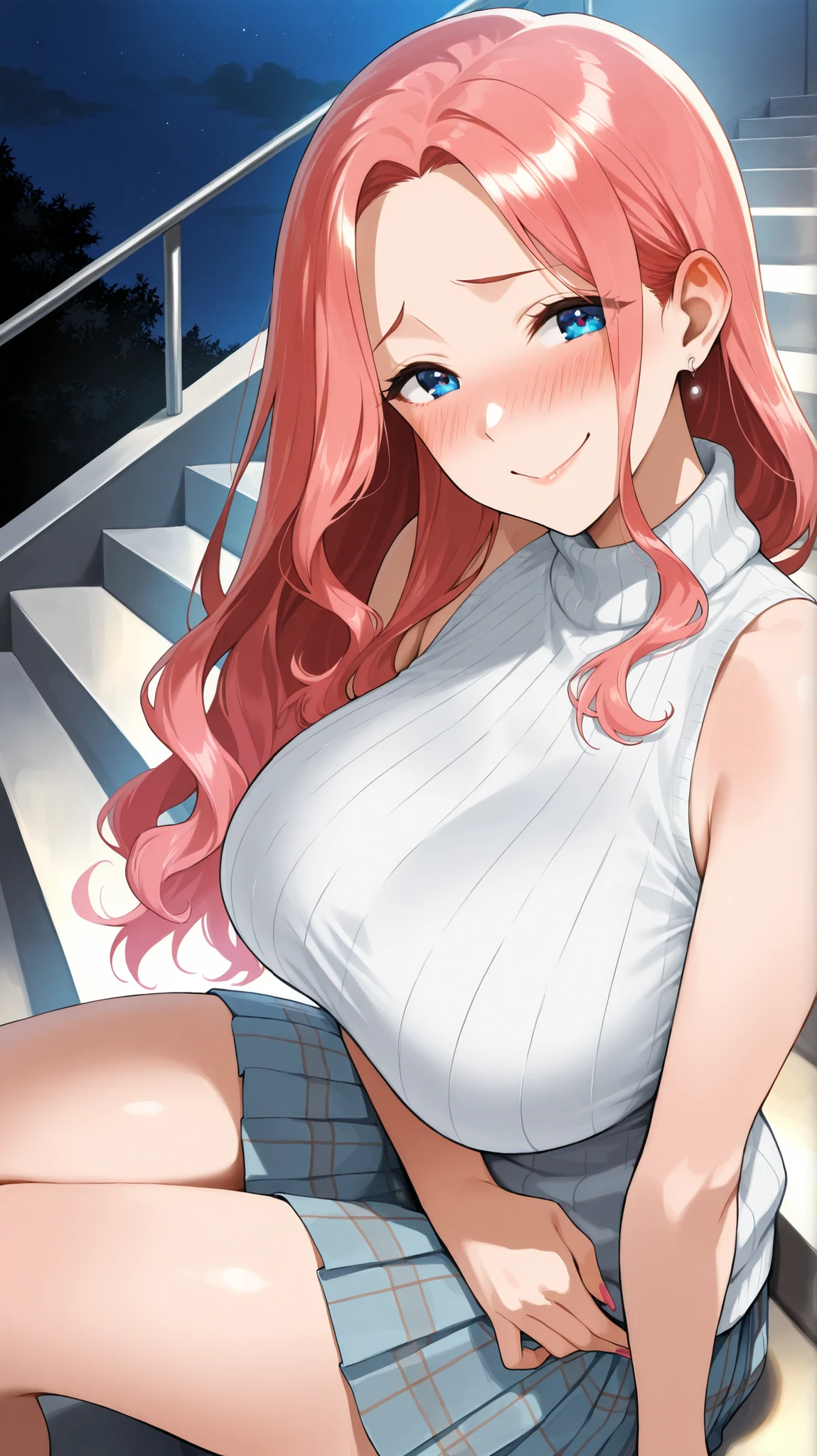 ((Studio: CloverWorks)) masterpiece , best quality , highly detailed , ultra high res , Score_9, Score_8_up, Score_7_up, perfect anatomy, detailed fingers, detailed big blue eyes, cowboy shot, dutch angle, focus on face, masterpiece, detailed anime, Sharp Focus, lady, JK, detailed face, detailed blue eyes, long hair, red hair, mature woman, pink highlights, wavy hair, cheerful, smiling, very happy, joy in your eyes, knee, big breasts, solo (white sleeveless sweater, pleated plaid skirt, embarrassed, sitting on the stairs, night)