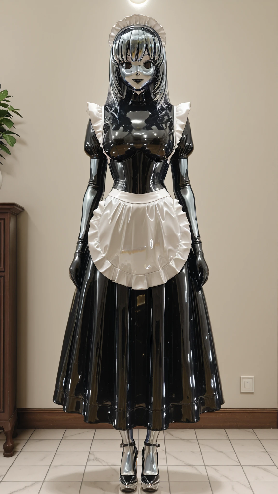 maniajuns, chrome skin, black lenses,shot hair, happy,latex,maid,gothic,black latex long skirt,small tight corset,small tight waist,long high collar, Wide Skirt,black latex long puffed sleeves,black latex long gloves,white latex big apron, full body, 1 girl, chrome stiletto high heels,view straight ahead,front view.
