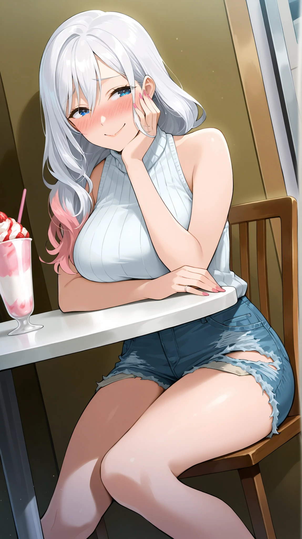 ((Studio: CloverWorks)) masterpiece , best quality , highly detailed , ultra high res , Score_9, Score_8_up, Score_7_up, perfect anatomy, detailed fingers, detailed big blue eyes, cowboy shot, dutch angle, focus on face, masterpiece, detailed anime, Sharp Focus, lady, JK, detailed face, detailed blue eyes, long hair, white hair, mature woman, pink highlights, wavy hair, cheerful, smiling, very happy, joy in your eyes, knee, big breasts, solo (white sleeveless sweater, ripped denim shorts, embarrassed, sitting, table and chair, milkshake)