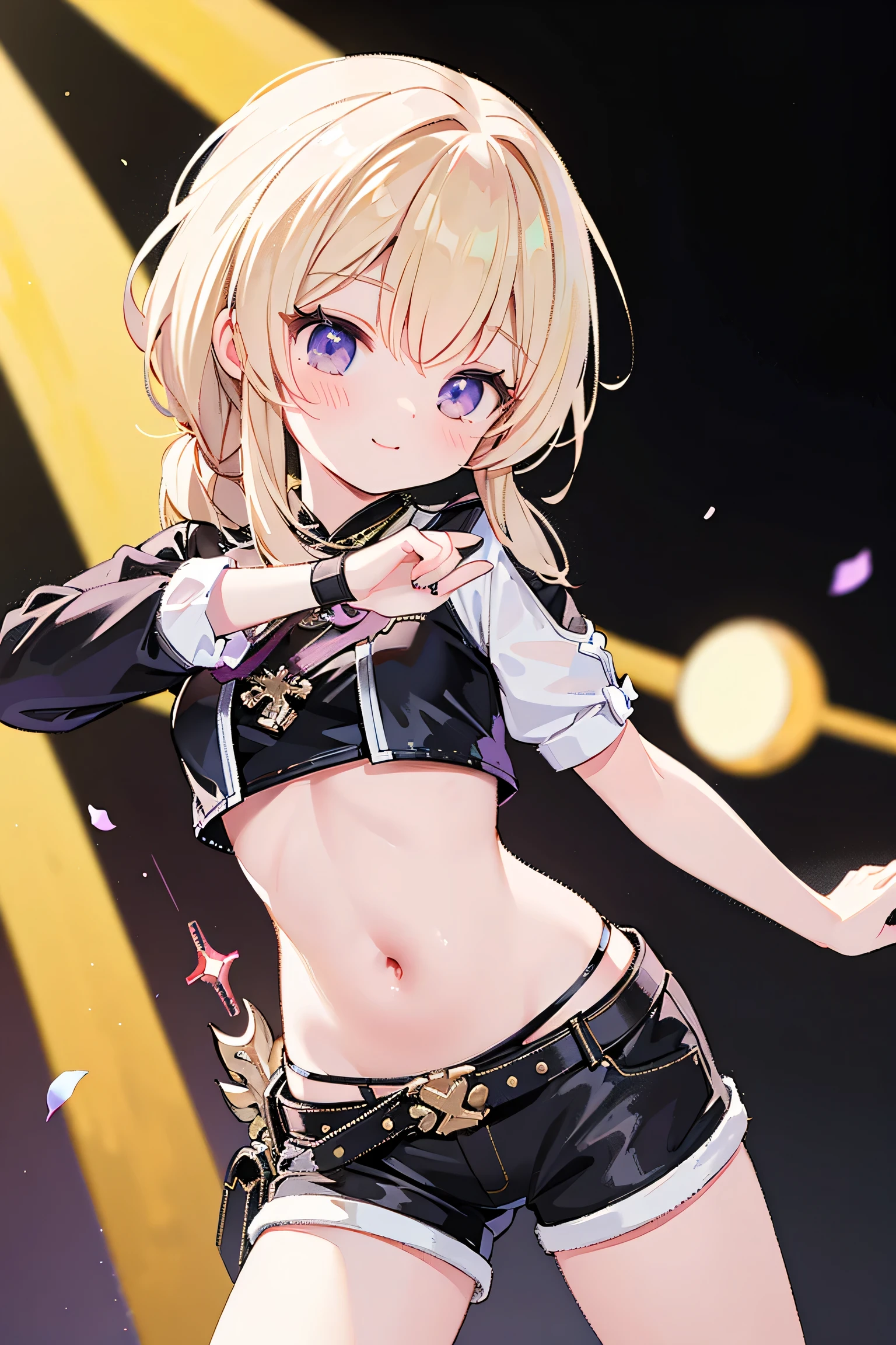 best quality ,Ultradetailliert , nice face , Meisterwerk、 Meisterwerk, erstklassig,
Meisterwerk, best quality, amazing quality, (genauer Stil), (detailed face), Genaues Gesicht, Treffende Augen, genaue Farben, detaillierte Augen, Rumi kpop, only 1 very long purple braided braid,Pony, braune Augen, 1 girl, Allein, 3d, Gelbe Jacke, Cropped Jacke, schwarze Shorts, Bauch, red belt, white crop top, Stiefel, has golf clubs in the right hand,spielt Golf, very dynamic pose, very dramatic perspective, Cowboy-Schuss, Hellblaues Crop-Top, on stage,View viewers directly, very sweet smiling,looks directly at the viewer, happy smile, Elegant, very thin legs, dark background narrow , schmale Beine, , extremely detailed, best quality ,Ultradetailliert , nice face、 Meisterwerk, erstklassig, 1 girl in, best quality , 1 girl dunkler Hintergrund