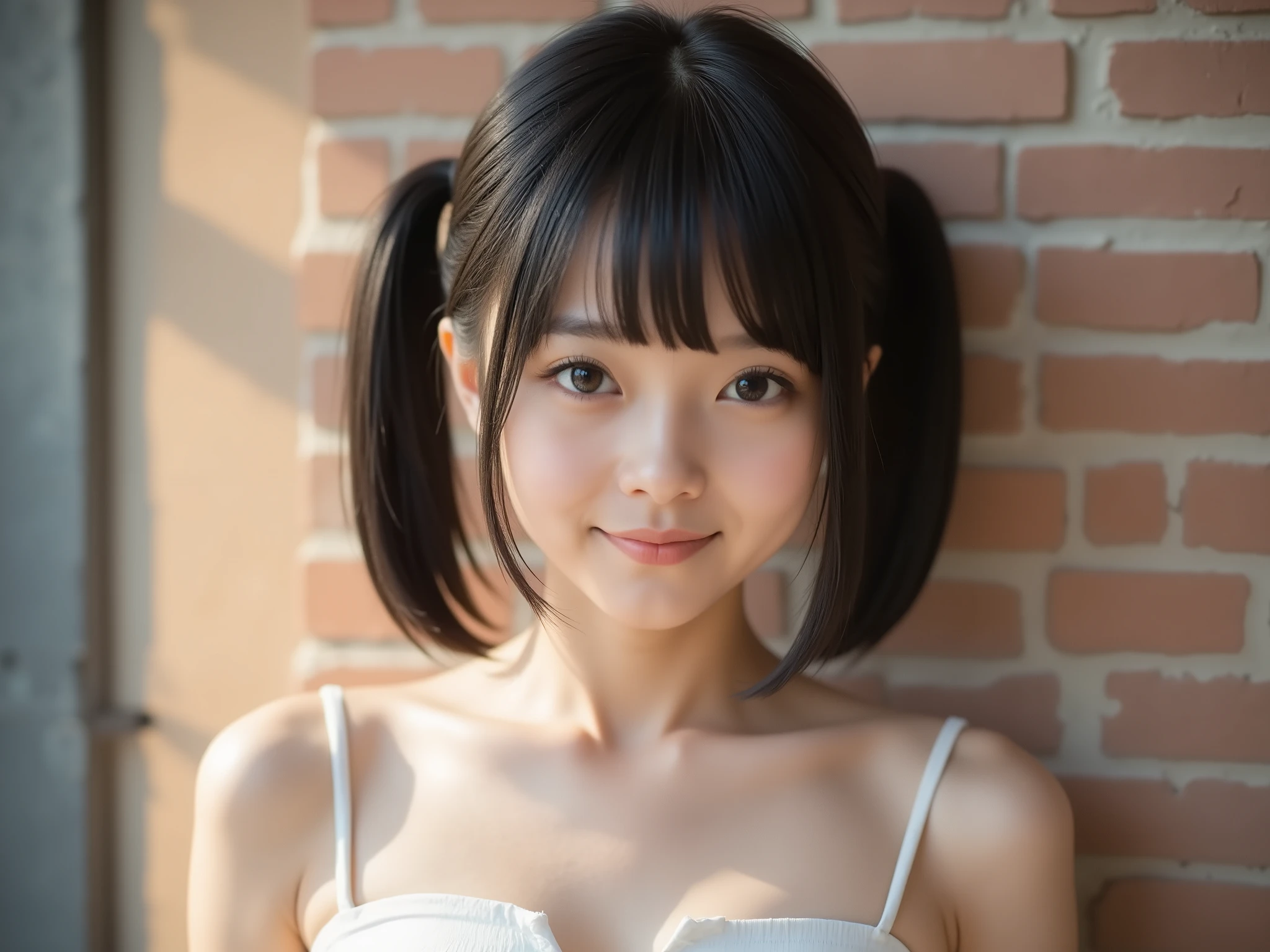 (8k, RAW photo, ultra realistic:1.4), UHD, close-up portrait, Japanese girl, dark twin tail hair, gentle natural smile, adult proportions, defined jawline, collarbone visible, upper body portrait, wearing a white spaghetti strap dress, cinematic portrait lighting, realistic skin texture, pores, subtle imperfections, film grain, warm sunset glow
